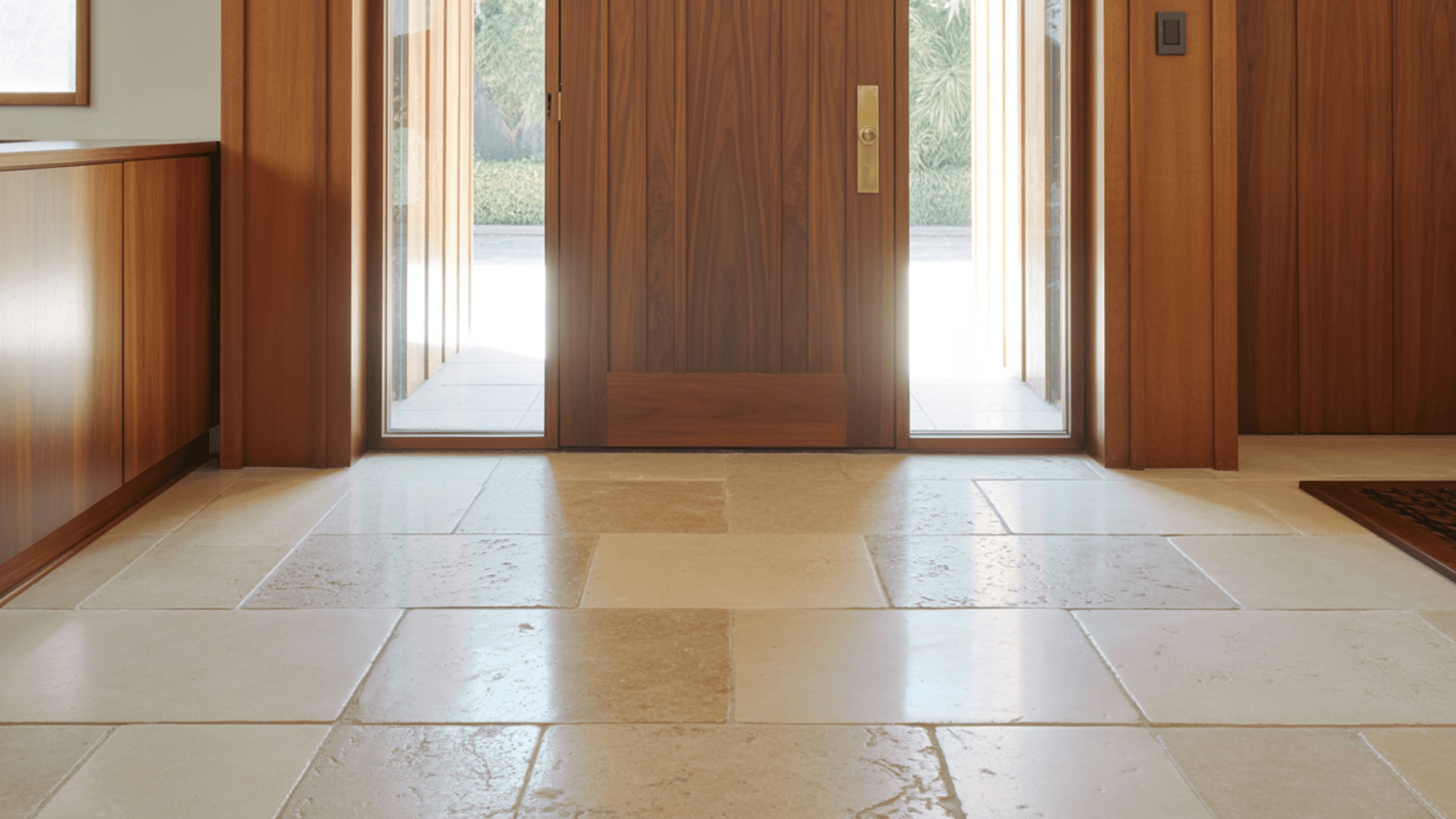 A wooden door with side windows in a well-lit entryway, revealing a sunlit outdoor scene. The natural stone floor features large, beige stone tiles, conveying a sense of warmth and elegance.