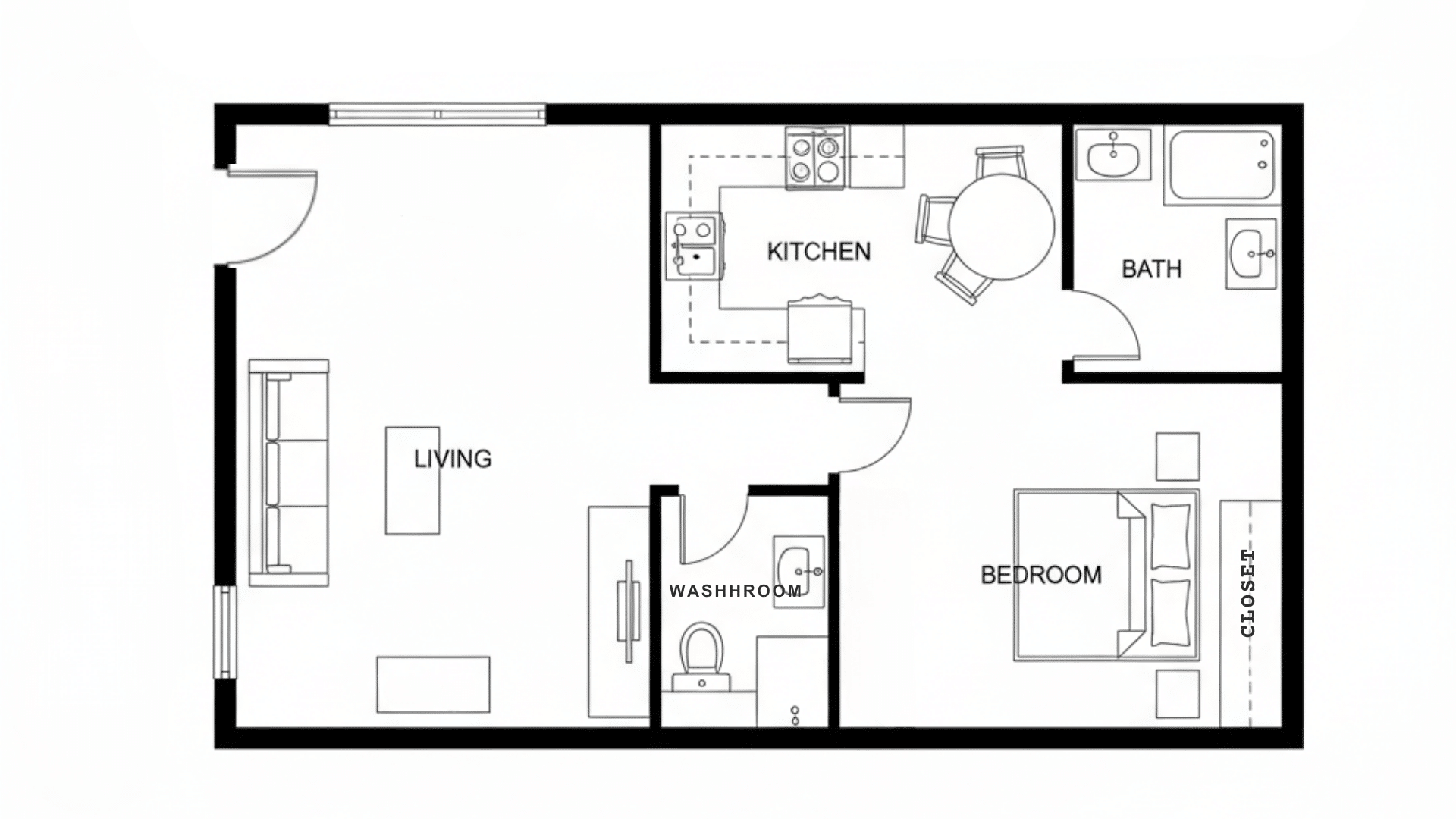 Floor plan of an apartment featuring a kitchen and living room, with one bedroom.
