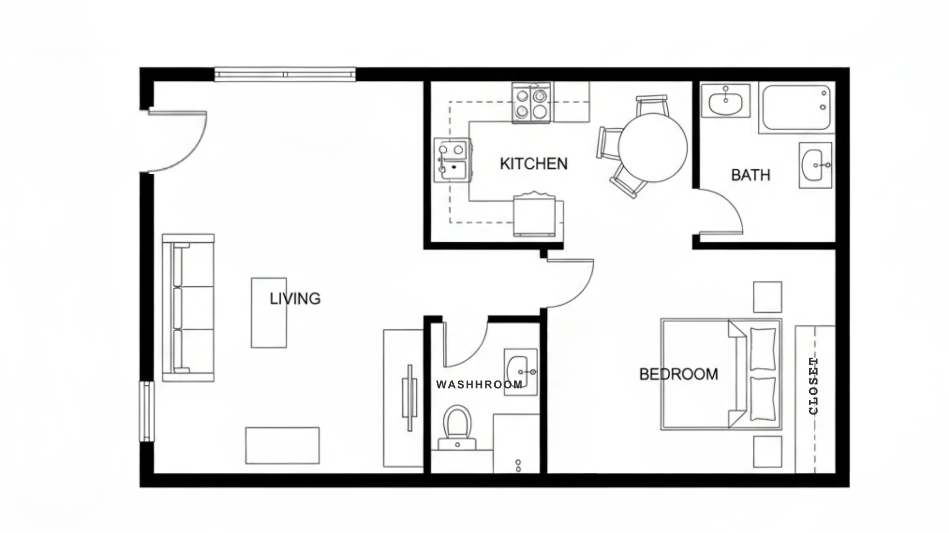 Floor plan of an apartment featuring a kitchen and living room, with one bedroom.