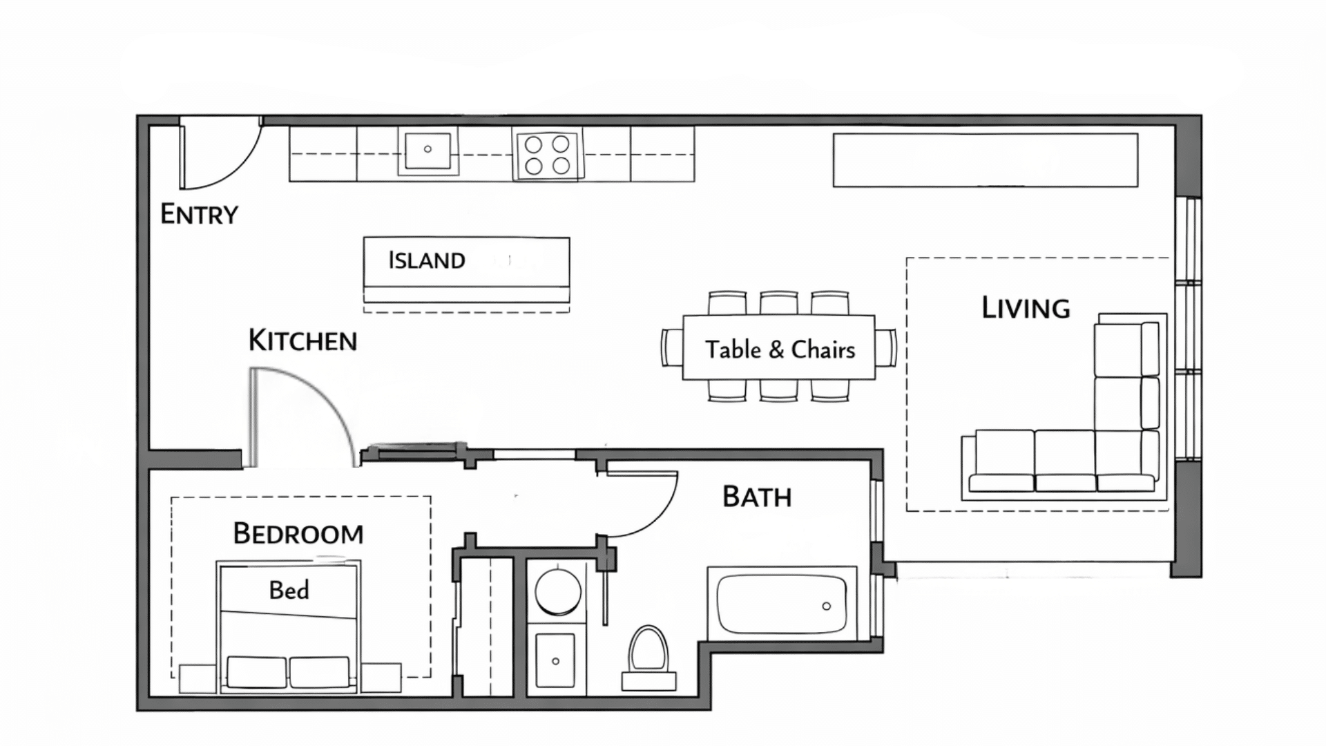 Floor plan of an apartment featuring an open concept layout for living and dining areas.