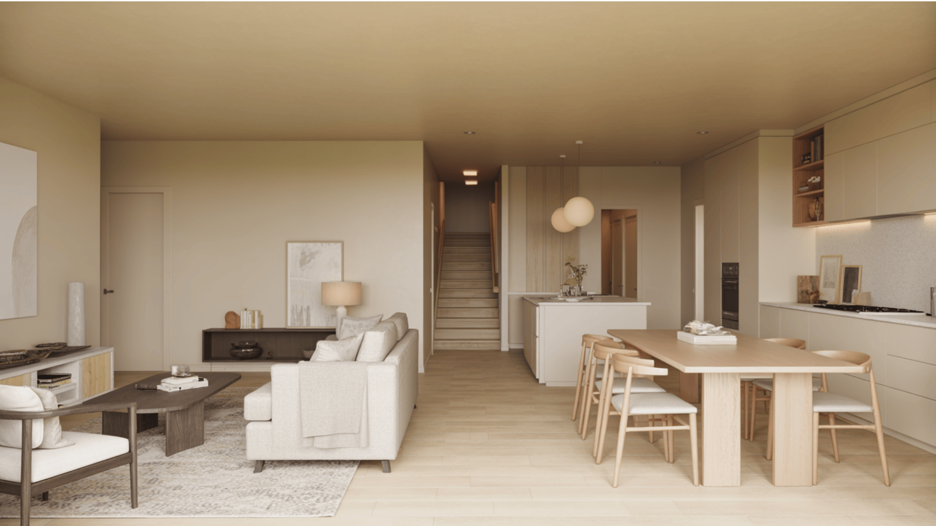 Modern apartment rendering featuring an open kitchen and dining area with pale oak walls.