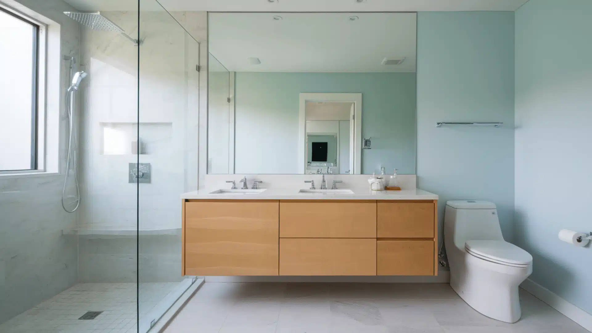 Powder blue painted bathroom walls with silver fixtures