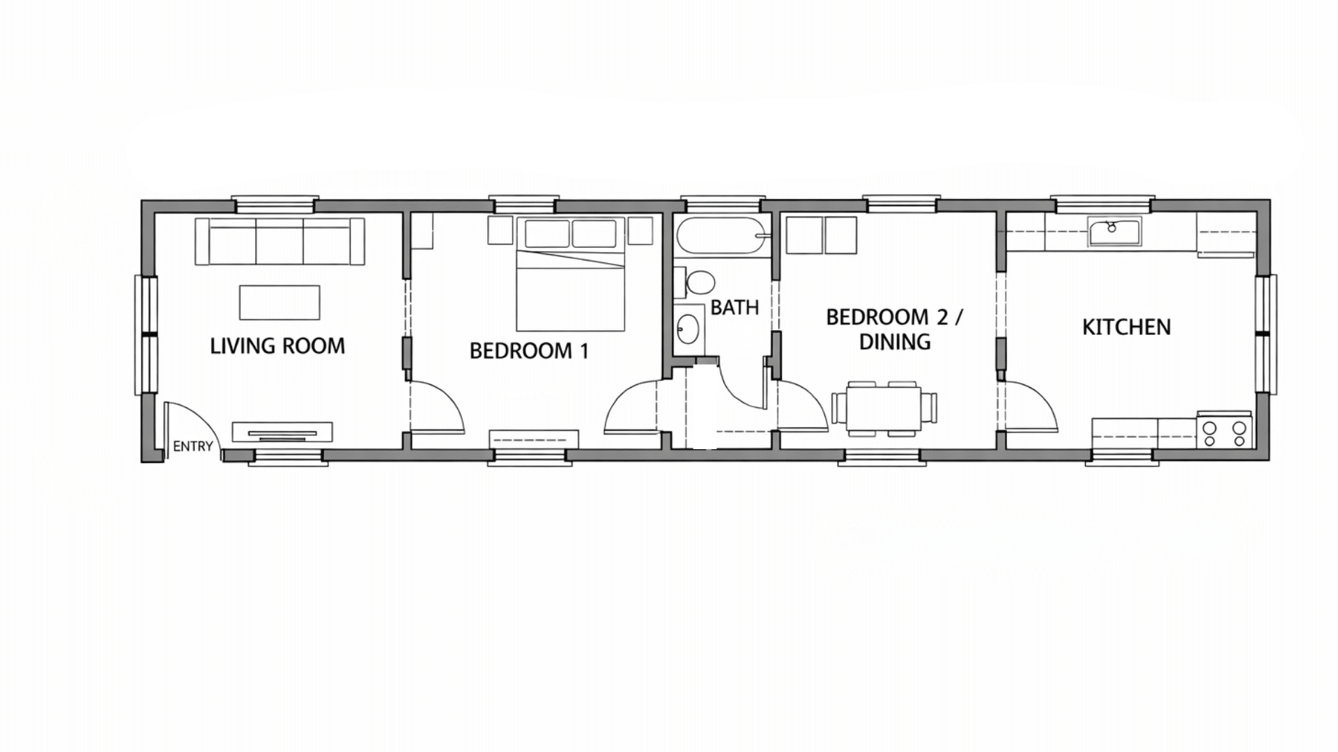 Floor plan of a two-bedroom railroad apartment, showing room layout for each space.