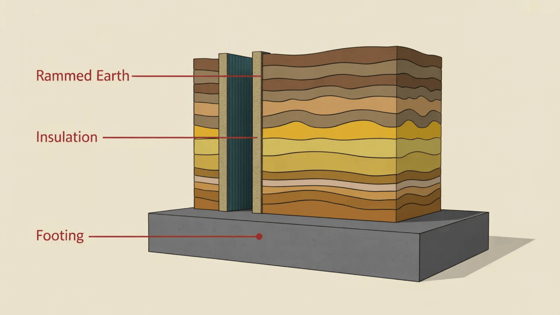 Labeled wall section diagram showing rammed earth layers, interior insulation, and a concrete footing base