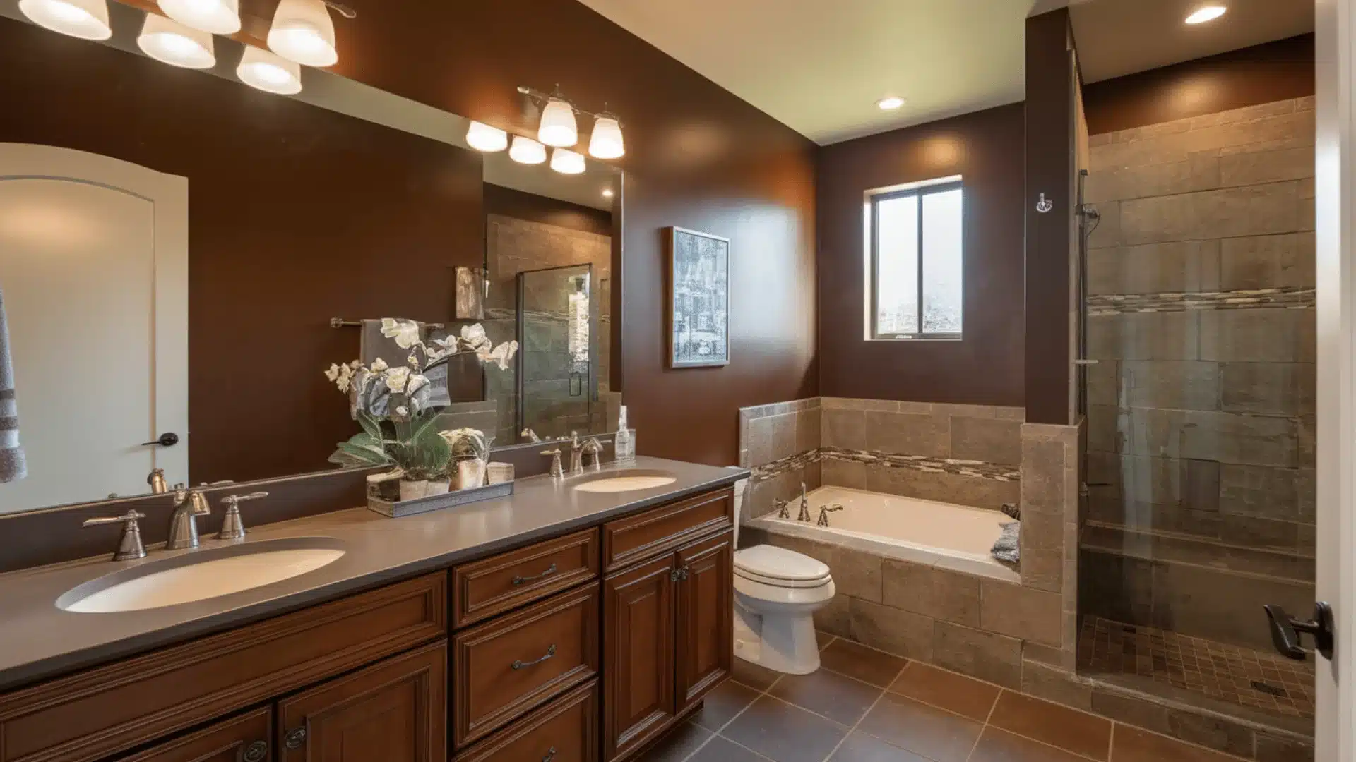 Chocolate brown bathroom walls with warm lighting