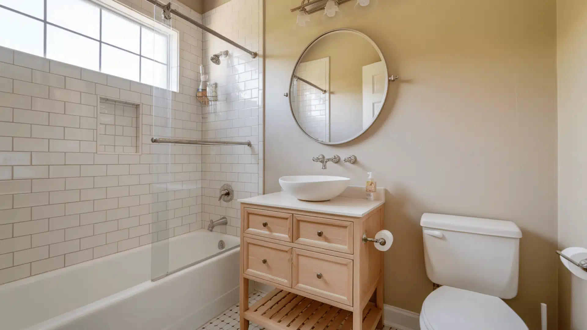 Sand beige bathroom walls with earthy accents.