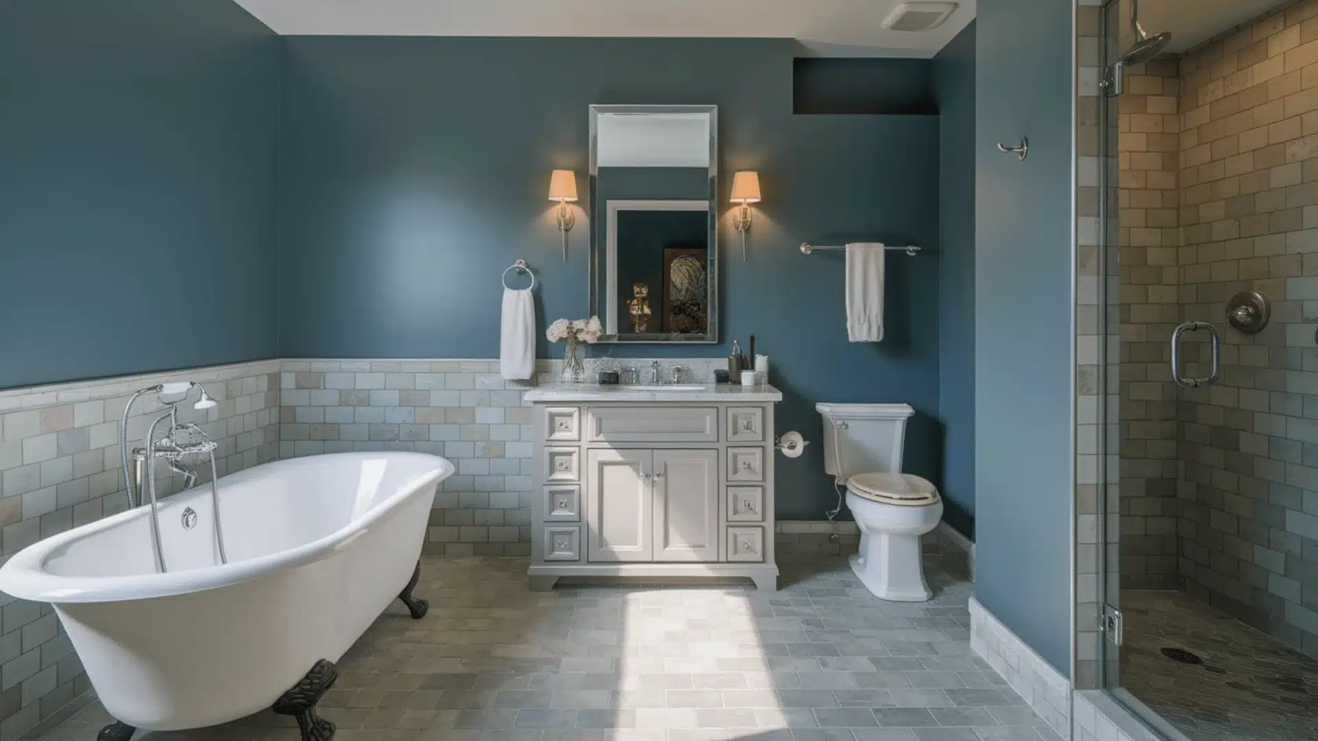 Slate blue bathroom walls with a white bathtub