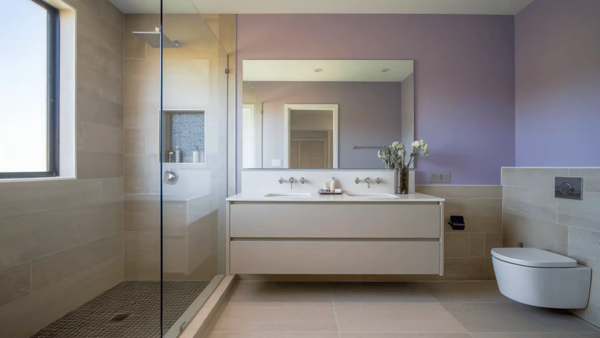 Smoky lavender painted bathroom walls with silver fixtures