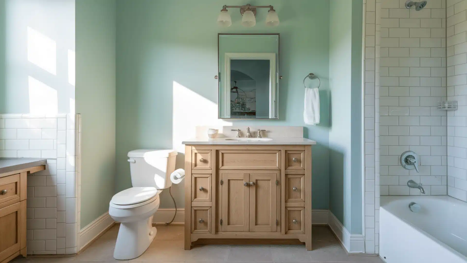 Soft aqua-painted bathroom walls with a white bathtub