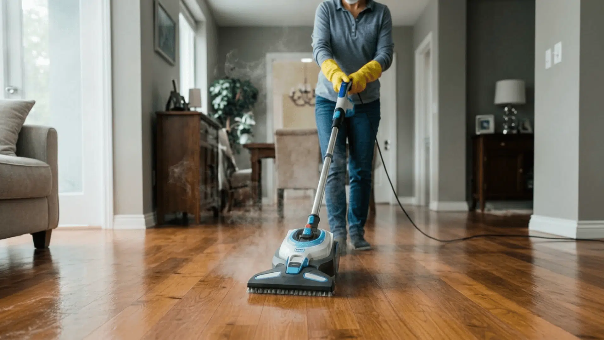 steam cleaner on hardwood floor