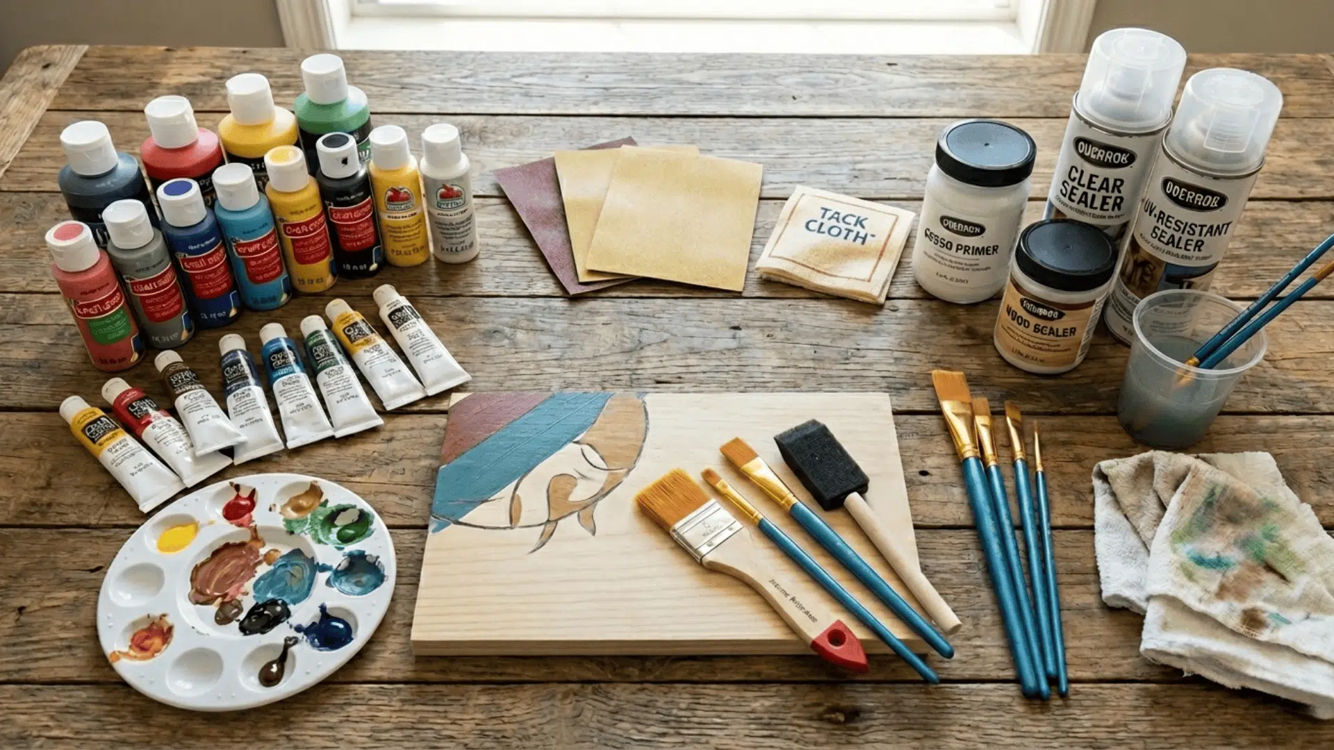 Acrylic paints, wood board, paint brushes, etc art supplies on a wooden desk
