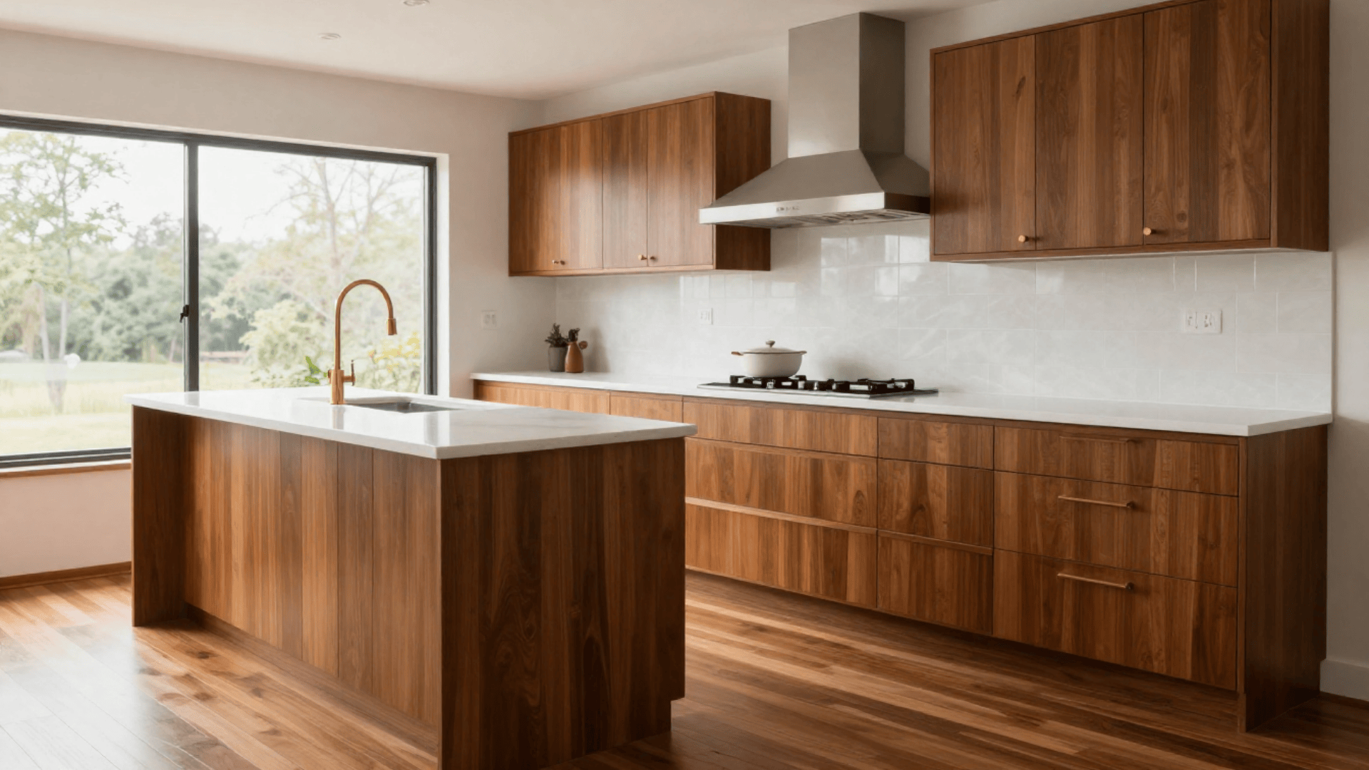 A modern kitchen with wooden cabinets and teak flooring, featuring a central island with a sink. Large window offers natural light and a serene view.