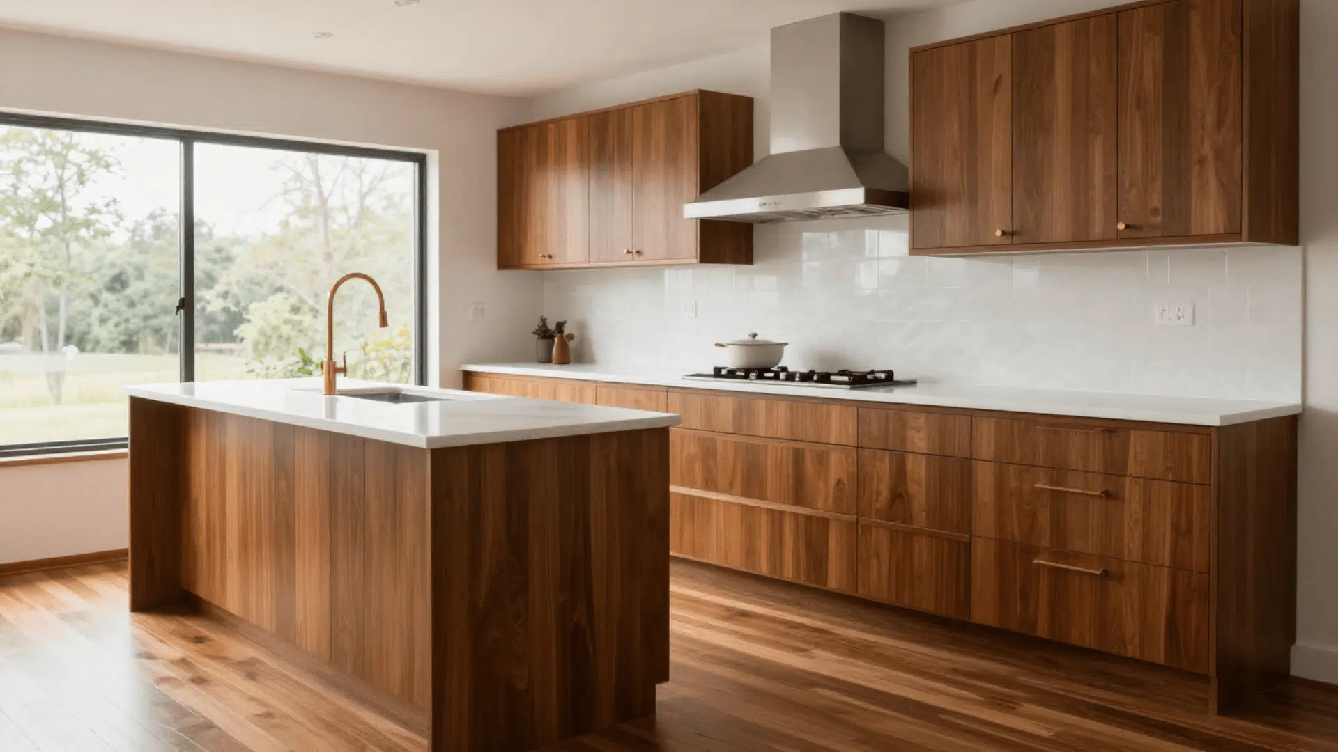 A modern kitchen with wooden cabinets and teak flooring, featuring a central island with a sink. Large window offers natural light and a serene view.