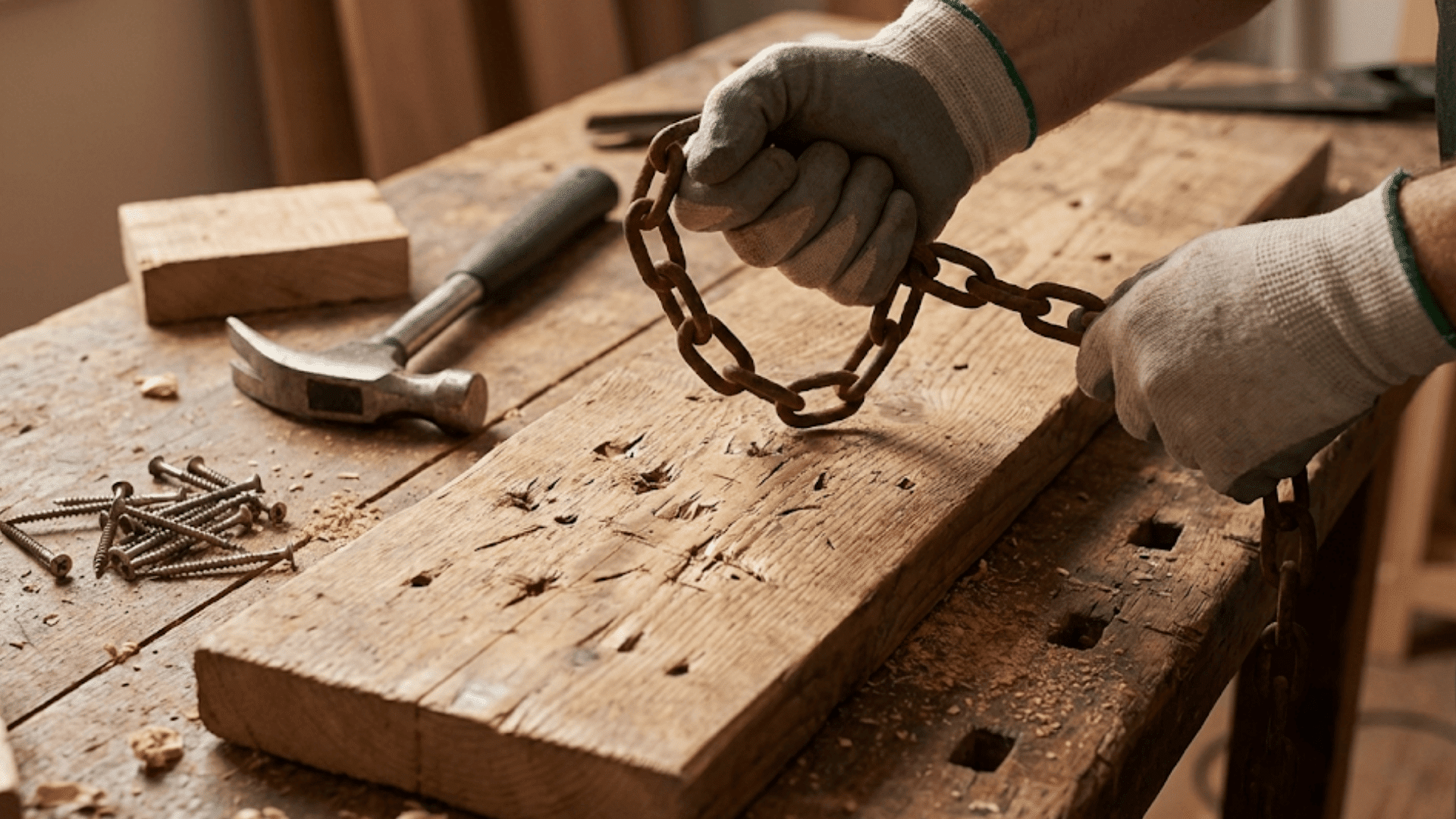 A man damages a wooden block with a chain, demonstrating a rustic wood distressing method.