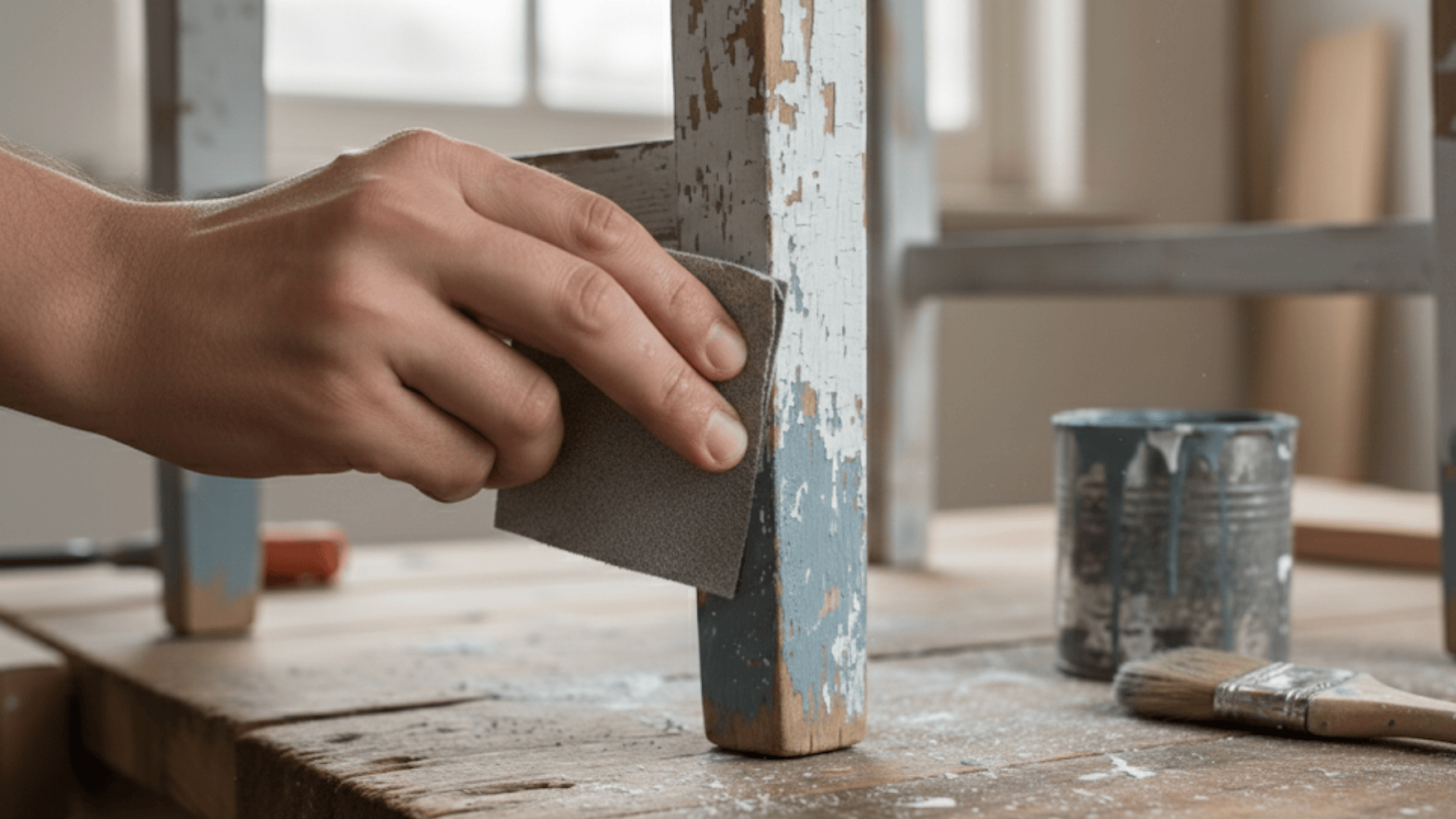 A person chipping the paint of a wooden chair with sandpaper.