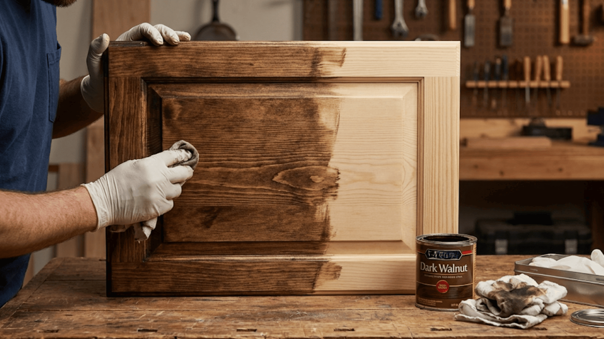 A man applies antique stain to a wooden cabinet.