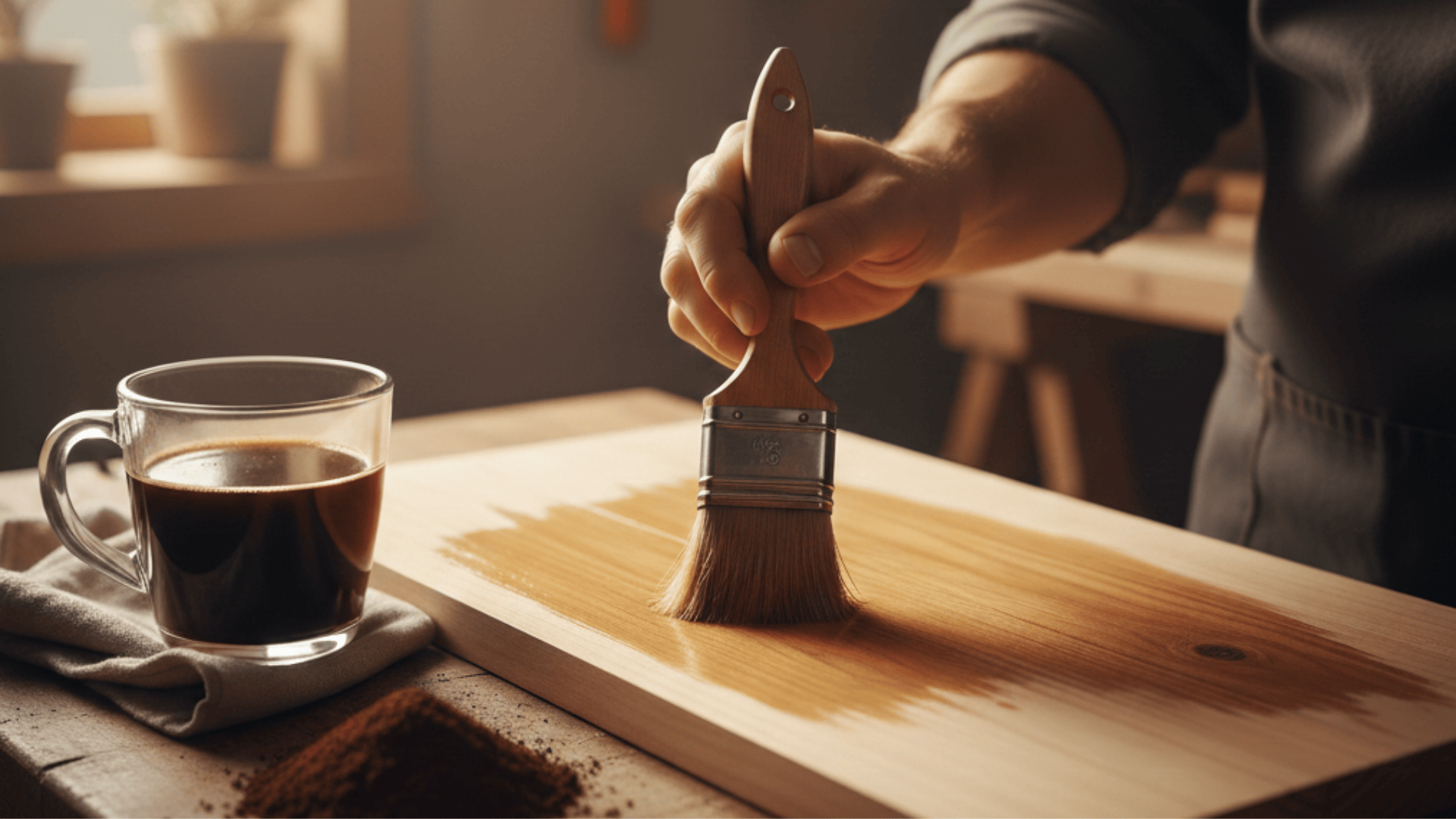 A person uses a brush to apply warm coffee to a wooden board.