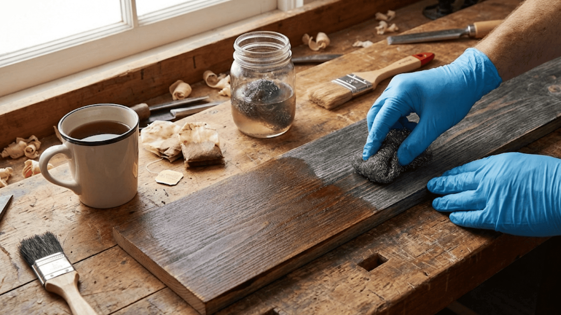 A person wearing blue gloves applies black tea and vinegar solution to a wooden plank