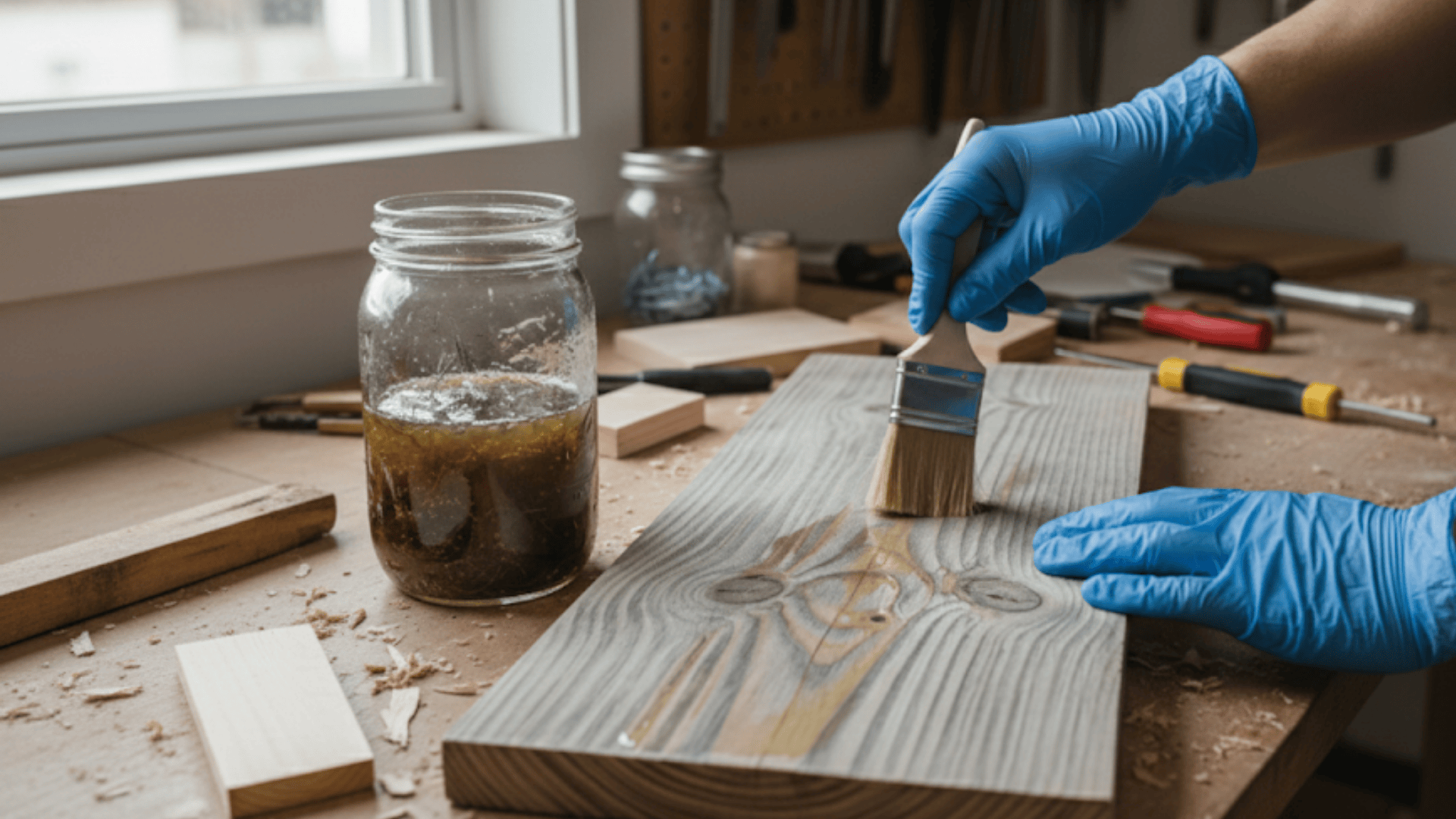 A person wearing blue gloves paints wood with a brush, creating a Quick Vinegar Aged Wood look