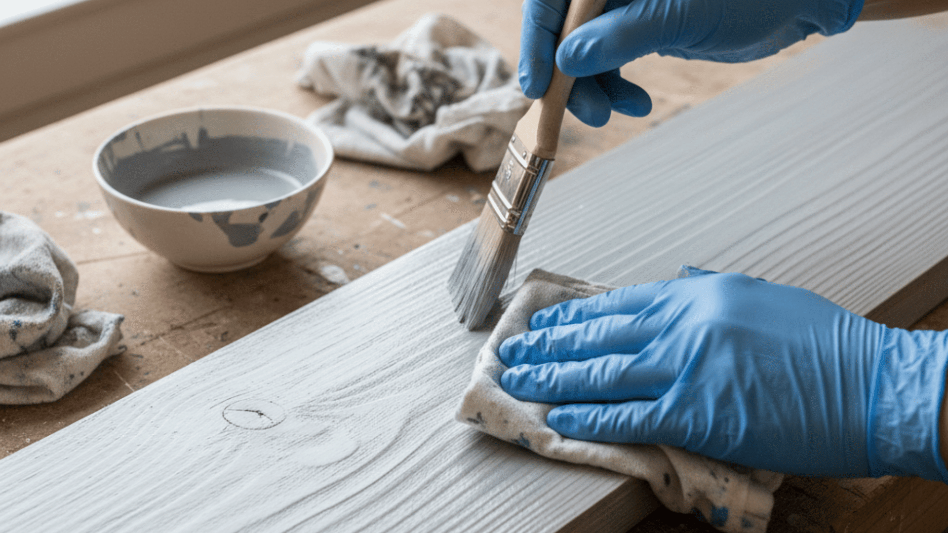 A person wearing blue gloves is carefully painting a wooden piece with a brush.