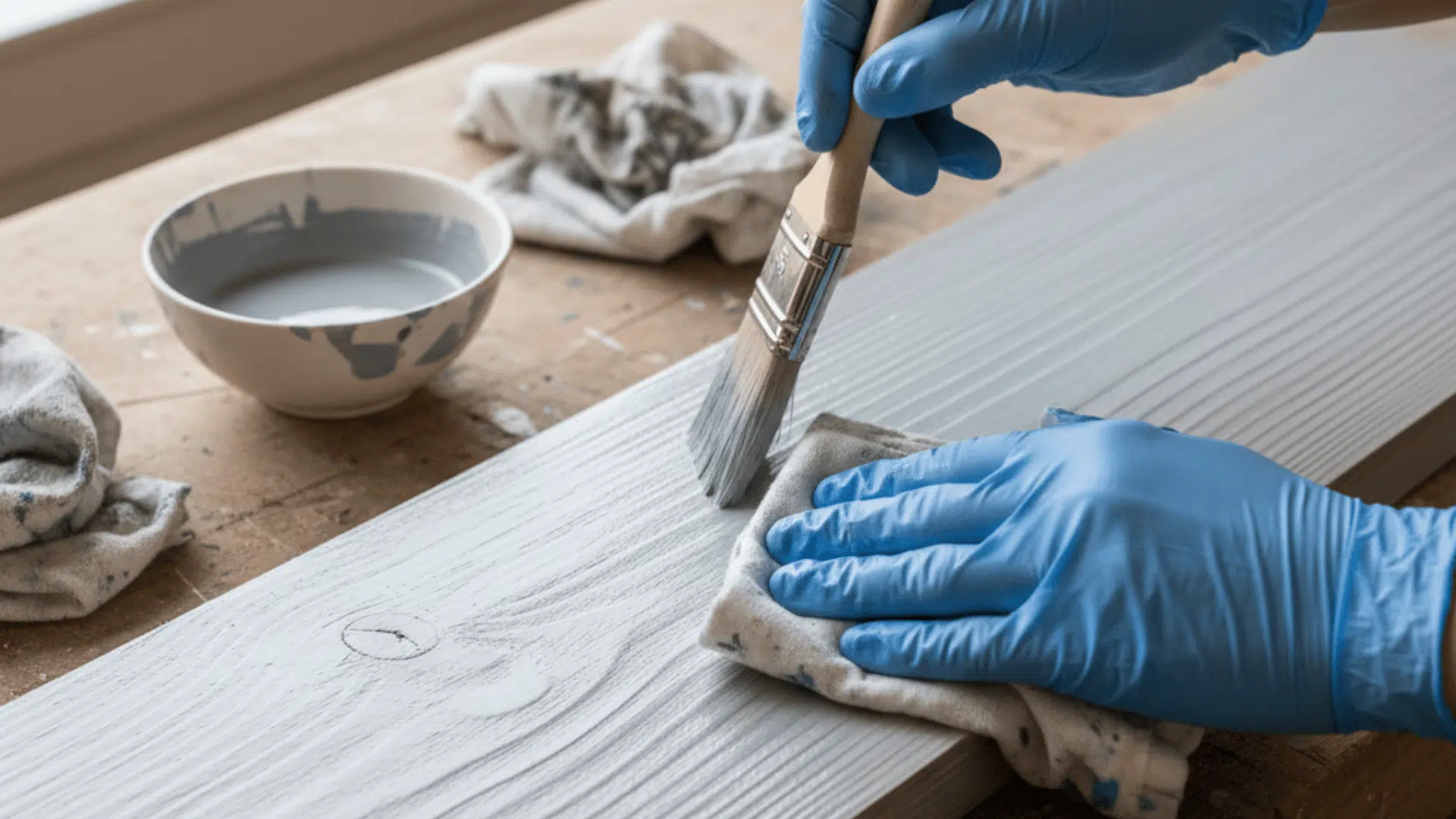 A person wearing blue gloves is carefully painting a wooden piece with a brush.