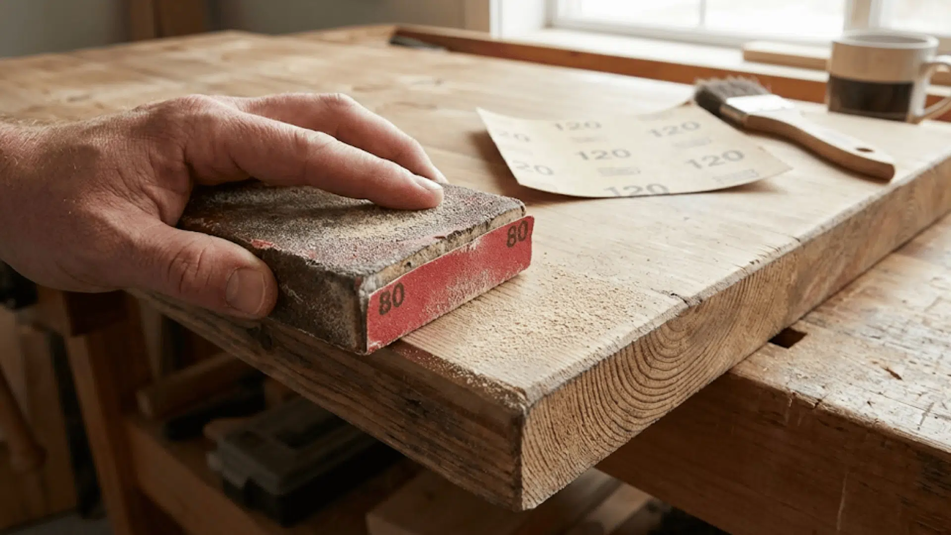 A person sanding a wooden piece with a block, creating a farmhouse-worn edge look