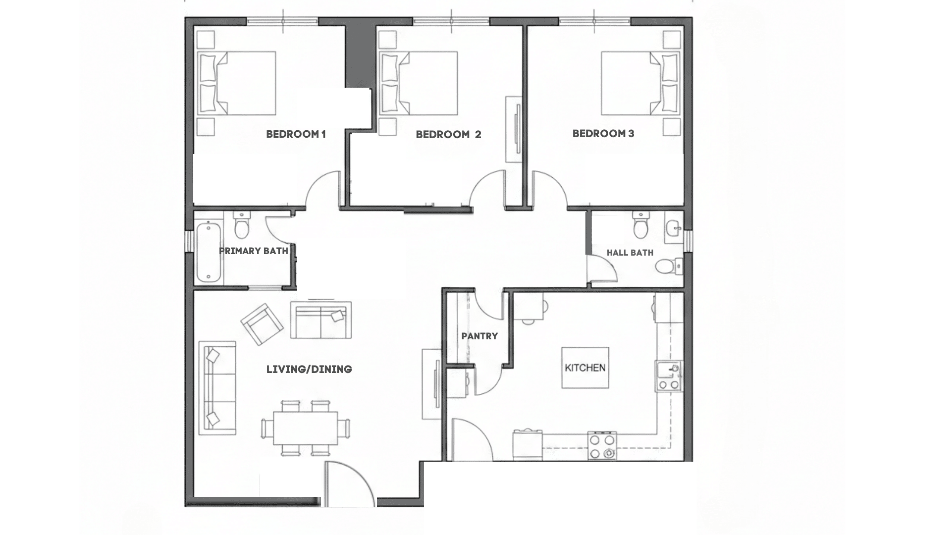 Floor plan of a three-bedroom apartment, showcasing room layout.