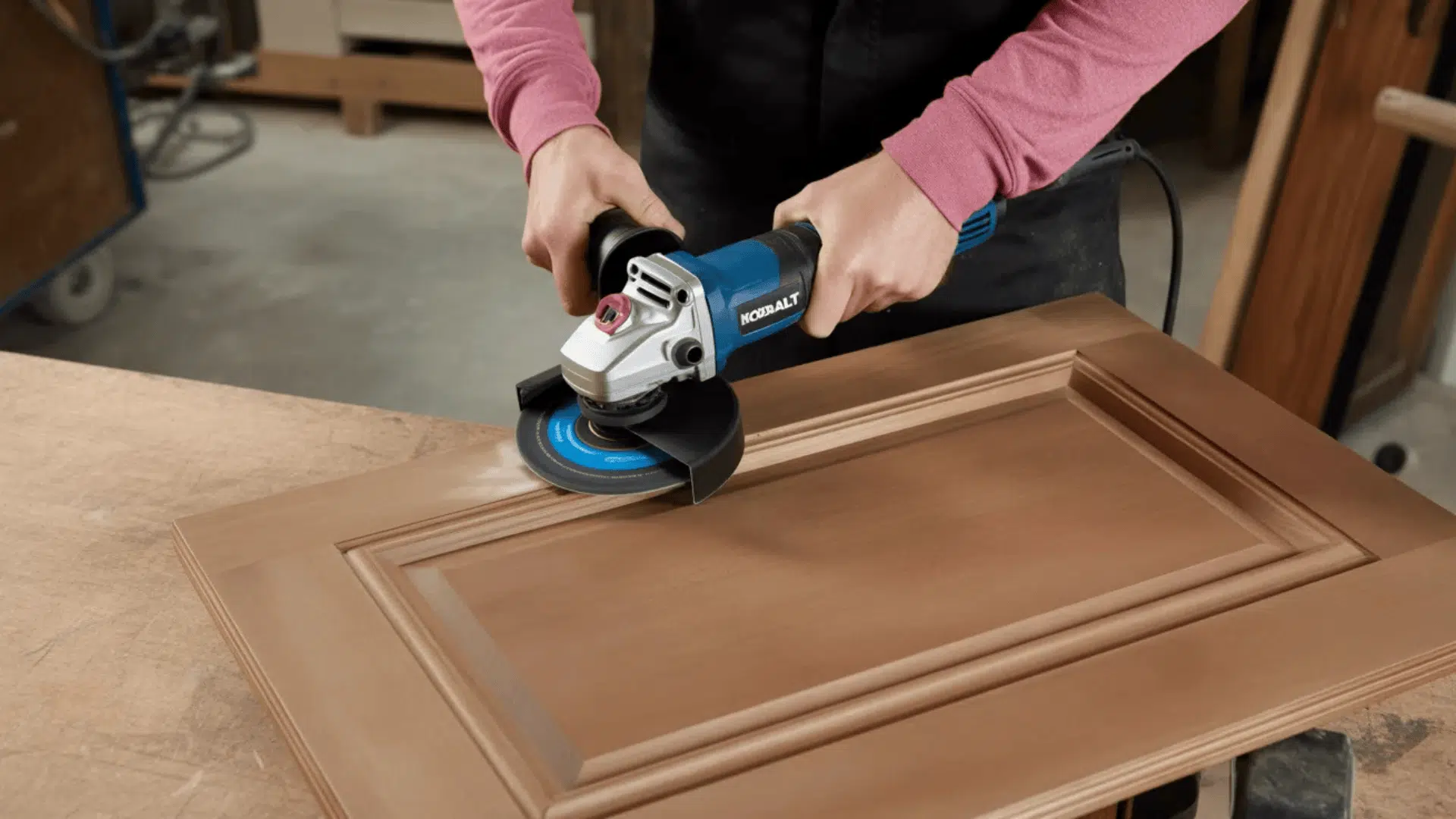 A person sanding a brown shaker cabinet door with an angle grinder on a bench during a cabinet refinishing project.