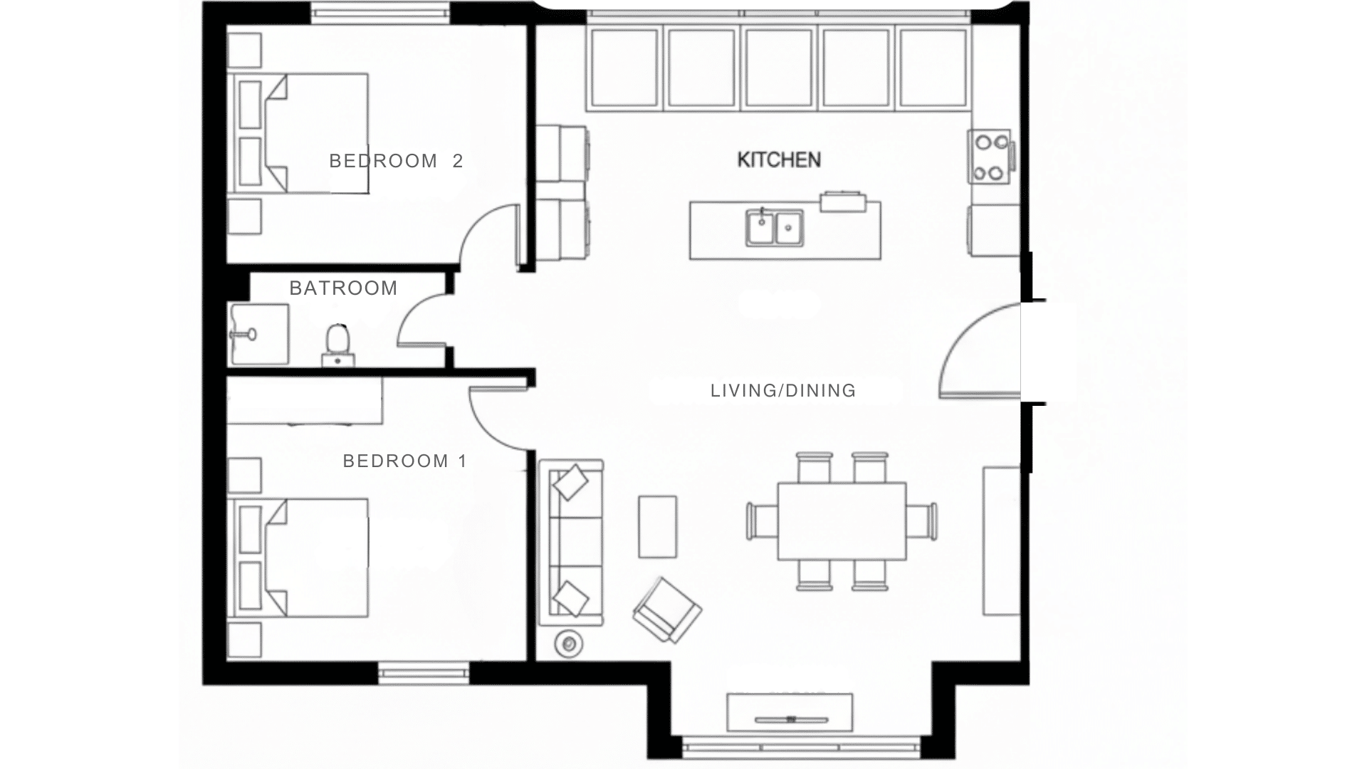Floor plan of a two-bedroom apartment featuring an open concept layout for living and dining areas.