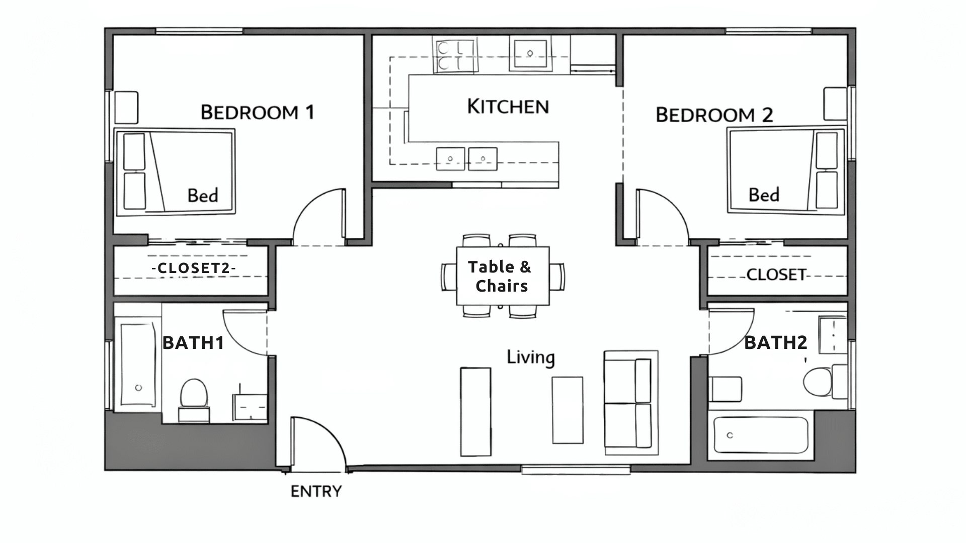 Floor plan of a two-bedroom apartment featuring a split layout for privacy and space.