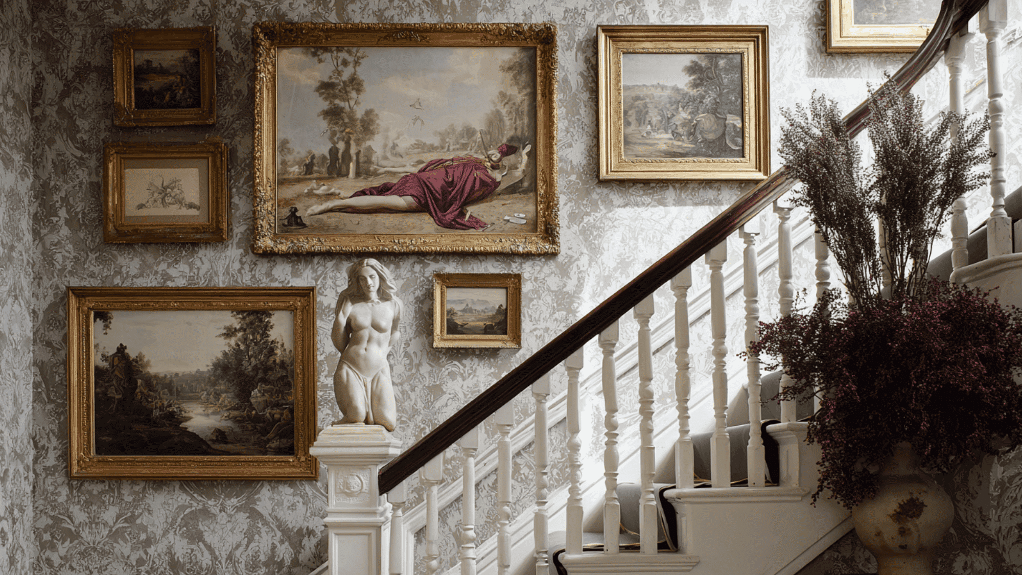 A gallery wall in the stairway with different paintings for a Victorian interior.