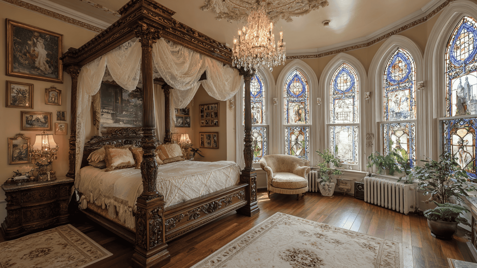 Victorian bedroom with a tall canopy frame and textured curtains