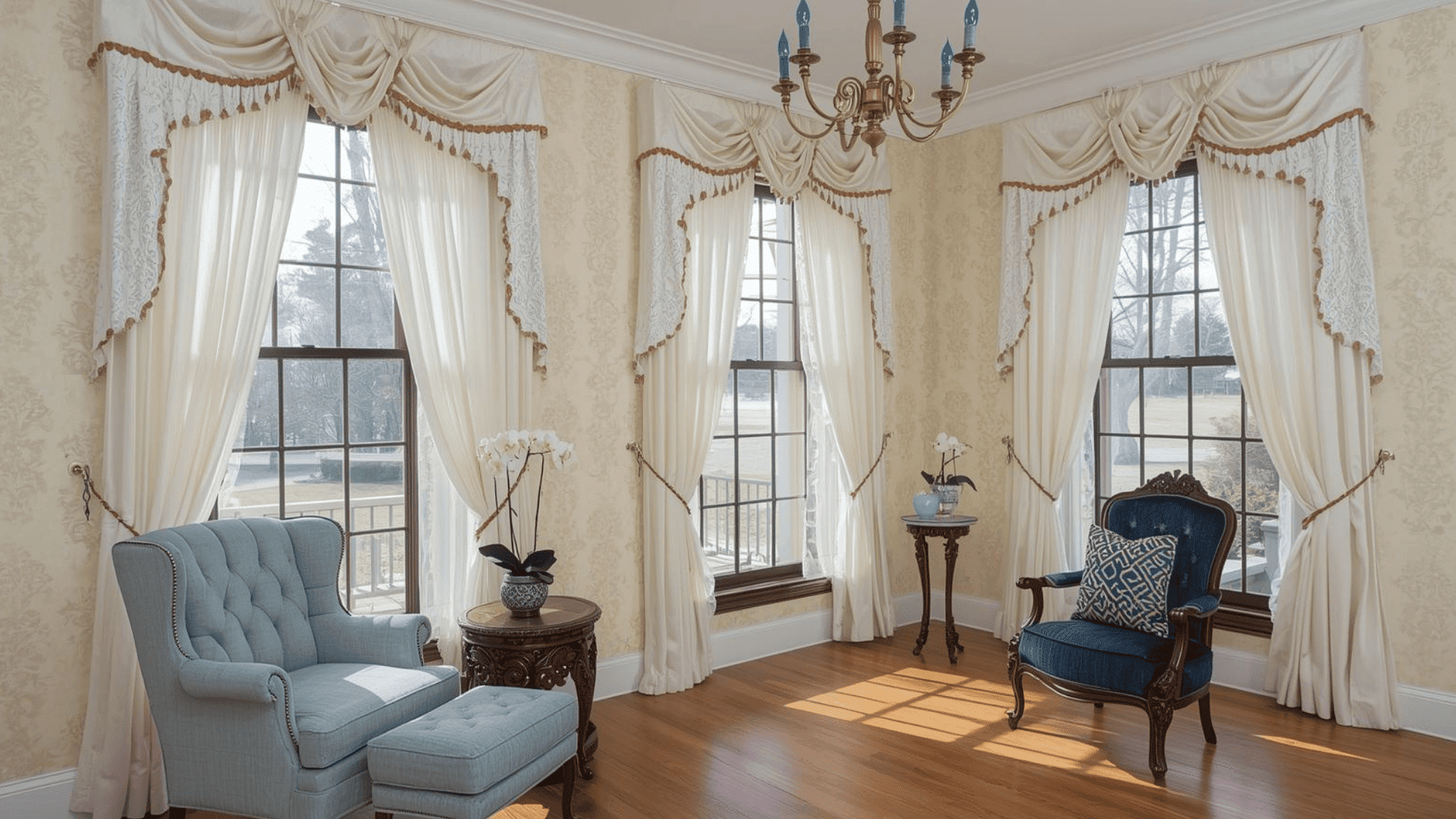 Velvet material, large curtains with Roman folds