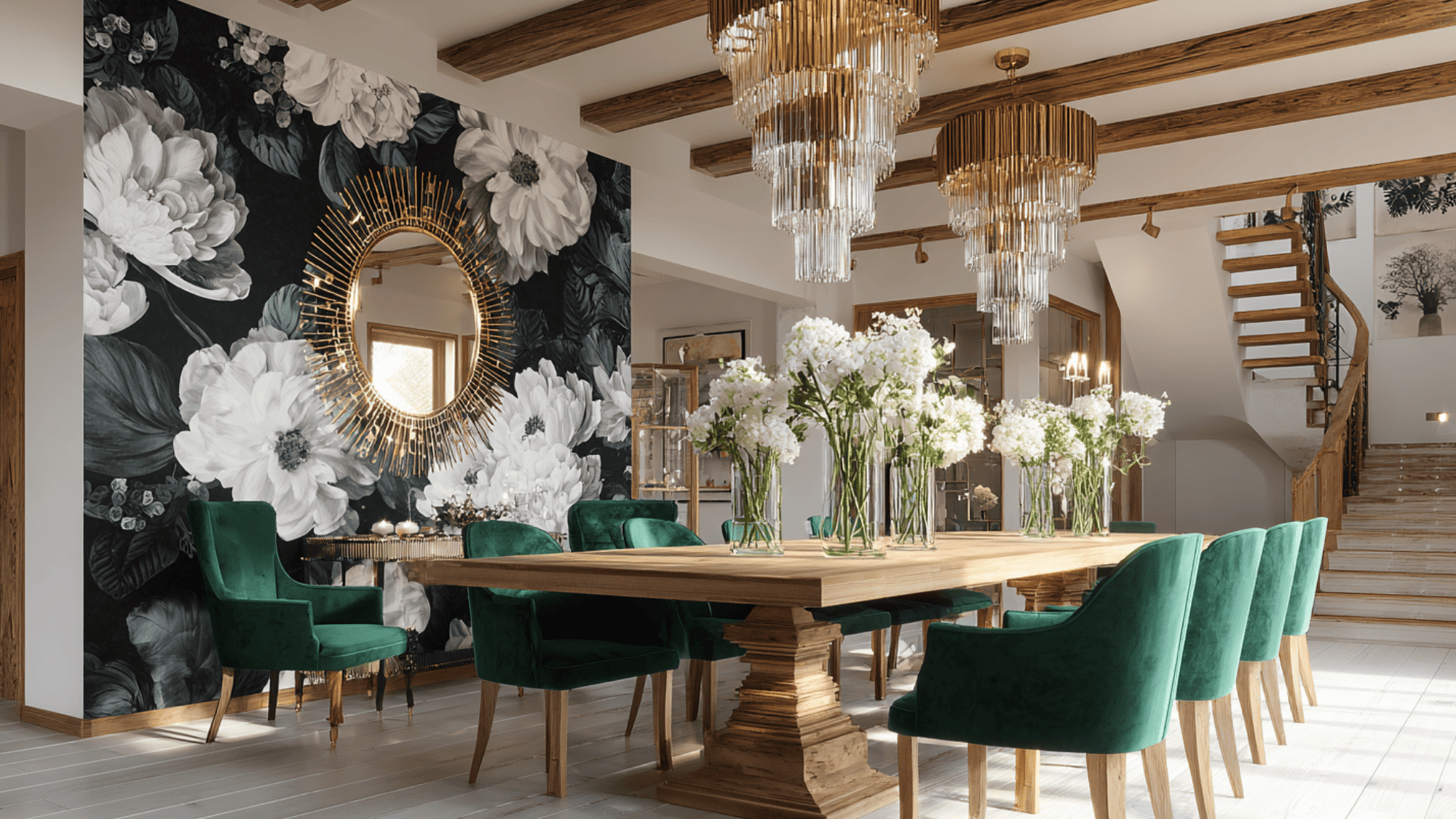 Dining room with a chandelier and a wood dining table as the centrepiece