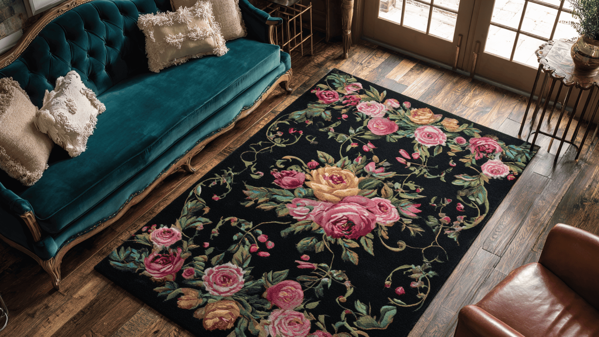 Floral print rug on a hardwood floor