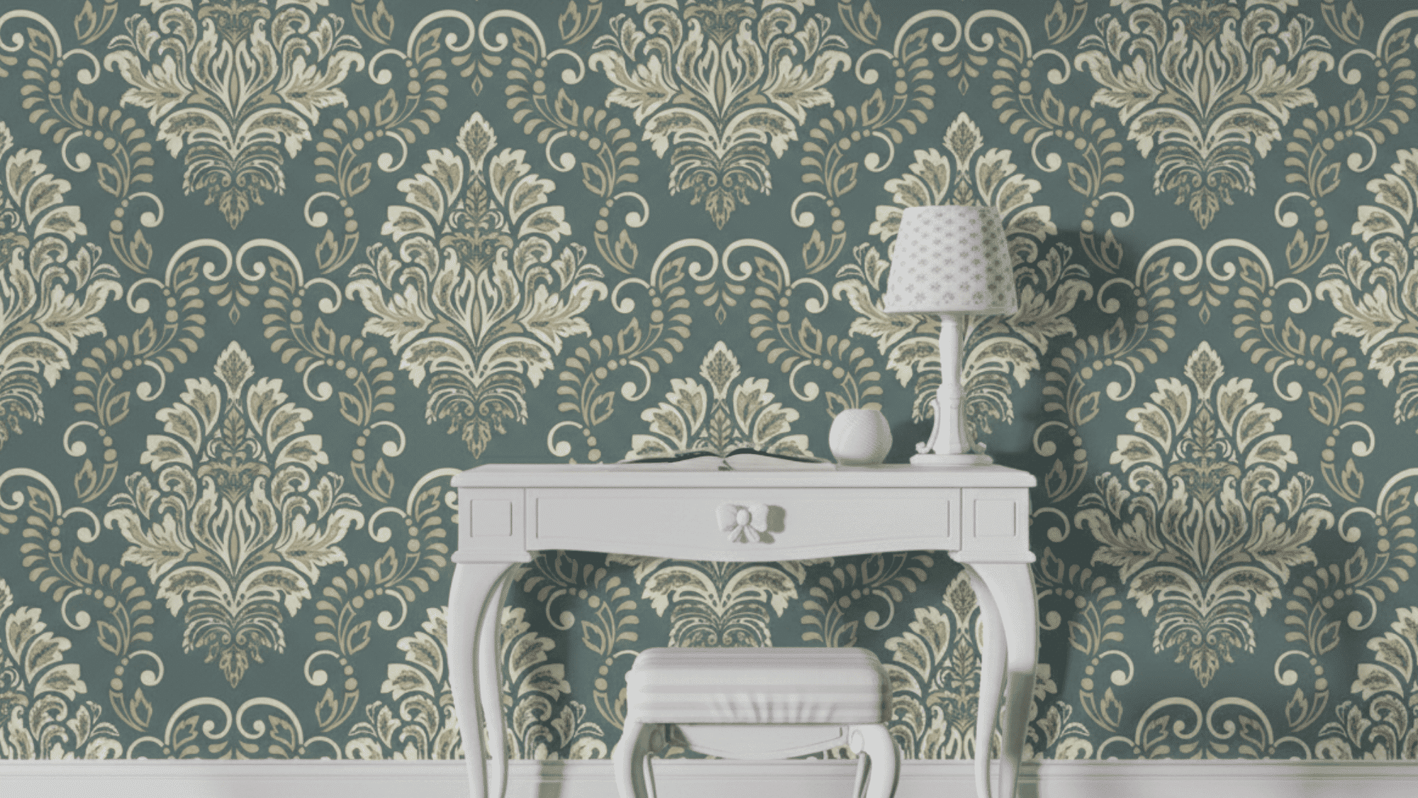 Patterned victorian style wallpaper with a simple white vanity setup.