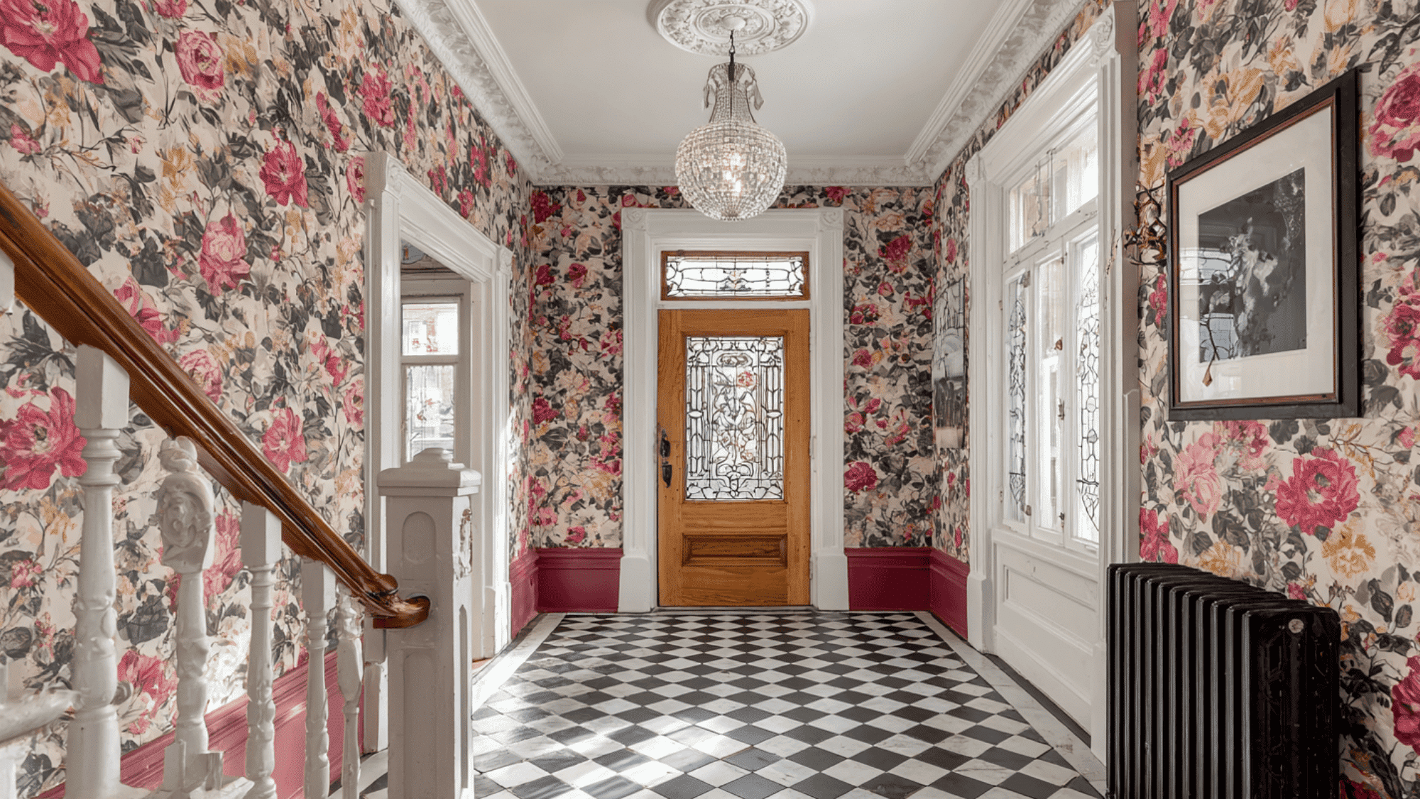 Victorian-style entryway with patterned black-and-white tiles and floral wallpaper
