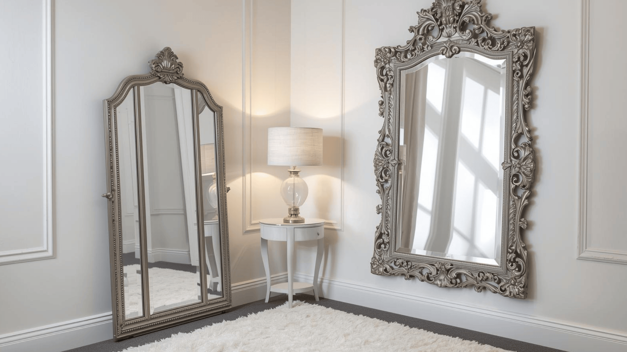 Two large ornate mirrors reflecting natural lighting in the room