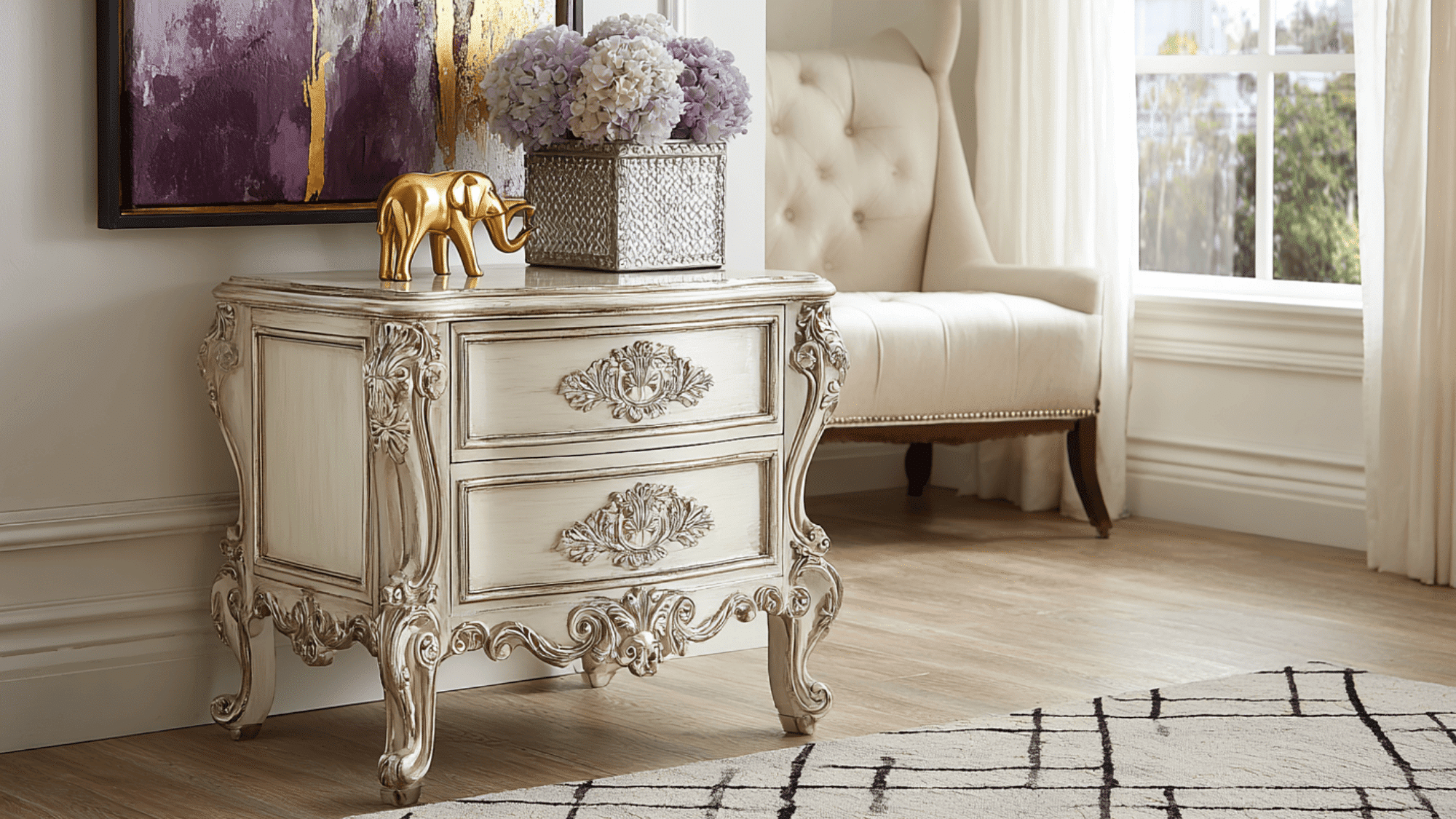 A vintage-looking side table in a well-lit room