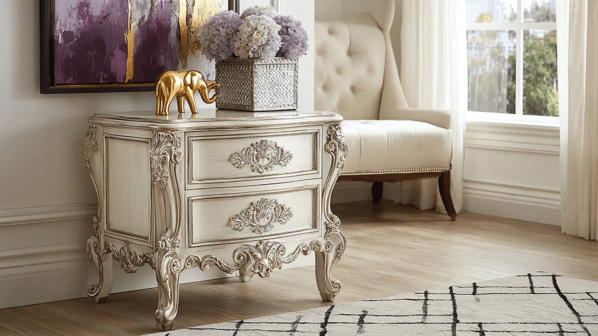 A vintage-looking side table in a well-lit room