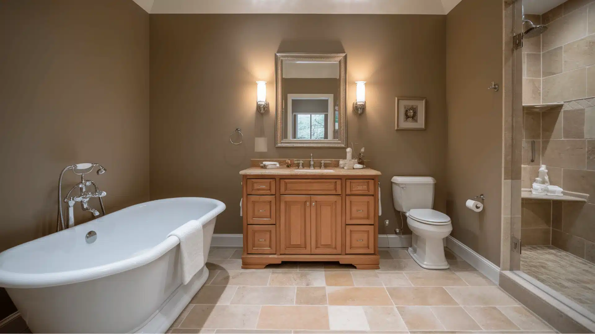 Warm taupe-painted bathroom walls with neutral decor.