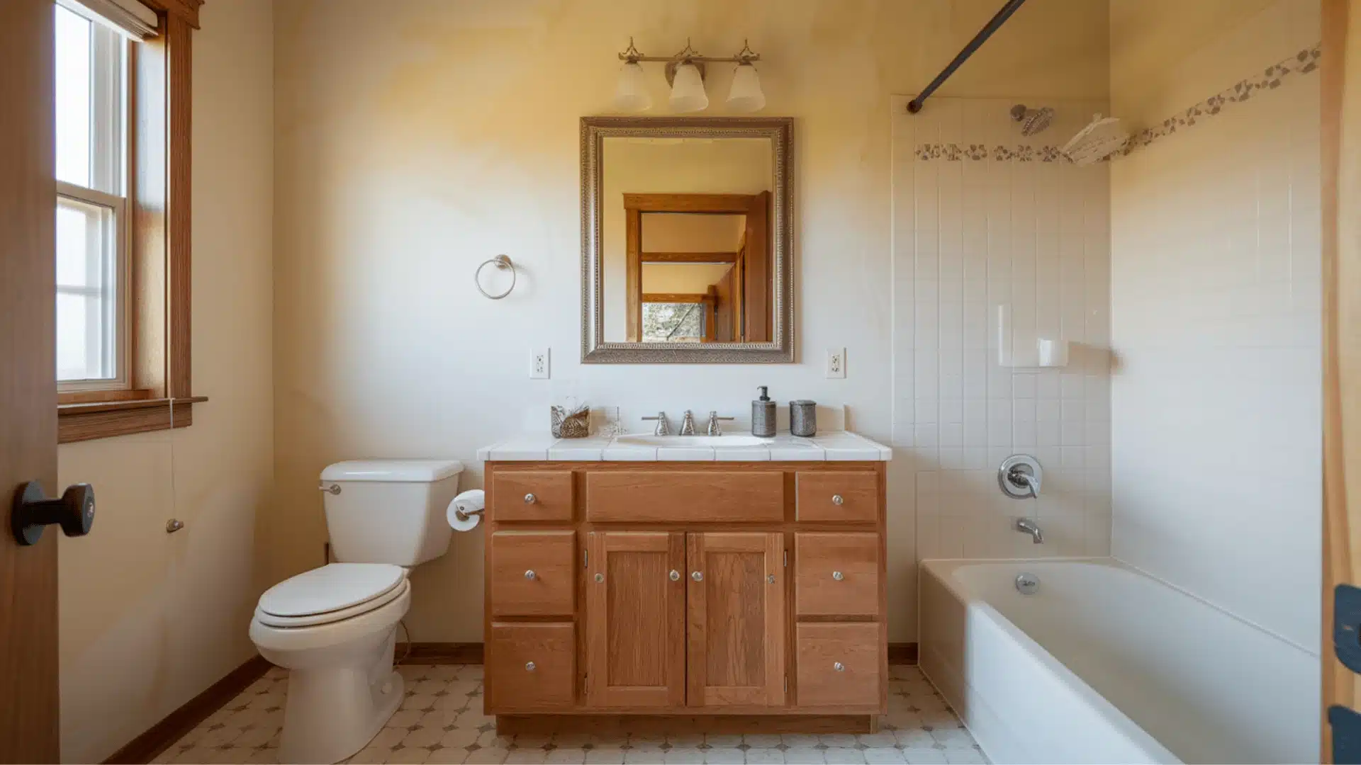 Warm white painted bathroom walls with natural wood vanity