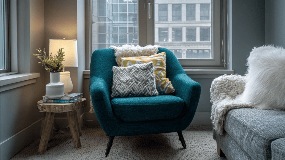 Accent chair adding personality to a cozy small studio apartment living zone