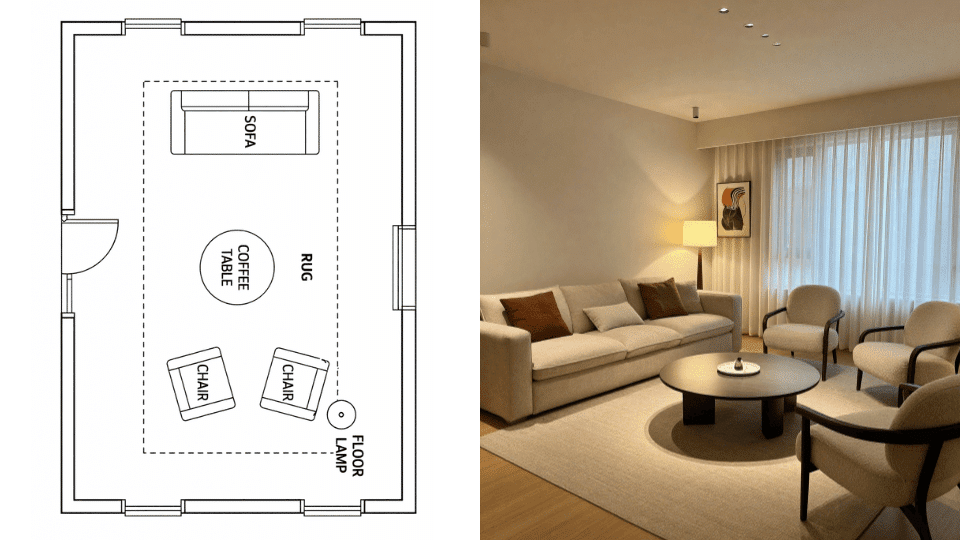 _Asymmetrical living room with sofa and accent chairs arranged for balance