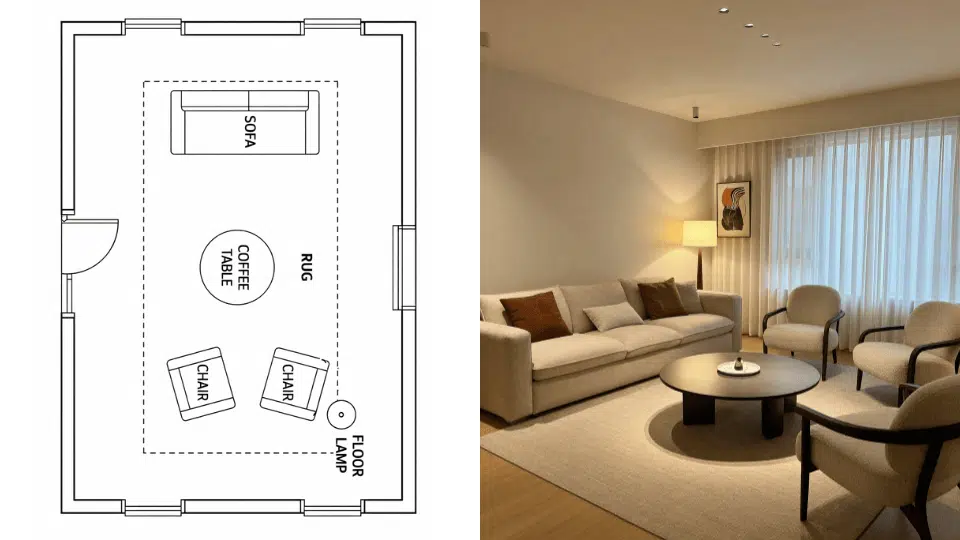 _Asymmetrical living room with sofa and accent chairs arranged for balance