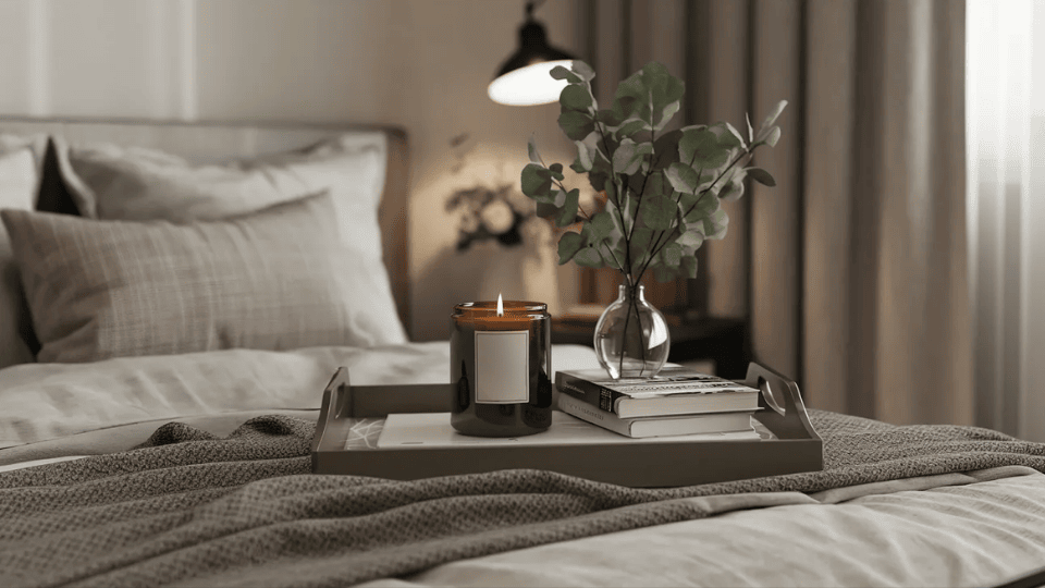 Bedside tray with candle, plant, and book in a cozy studio apartment sleeping area