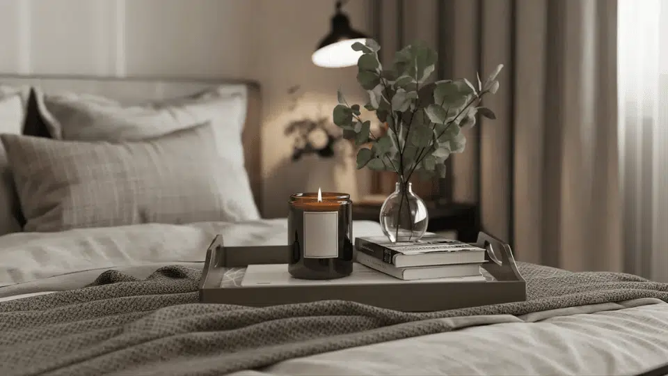 Bedside tray with candle, plant, and book in a cozy studio apartment sleeping area