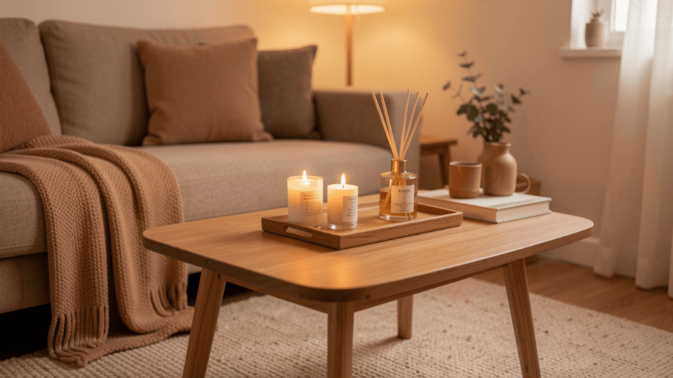 Candles and diffuser styling in a cozy small studio apartment