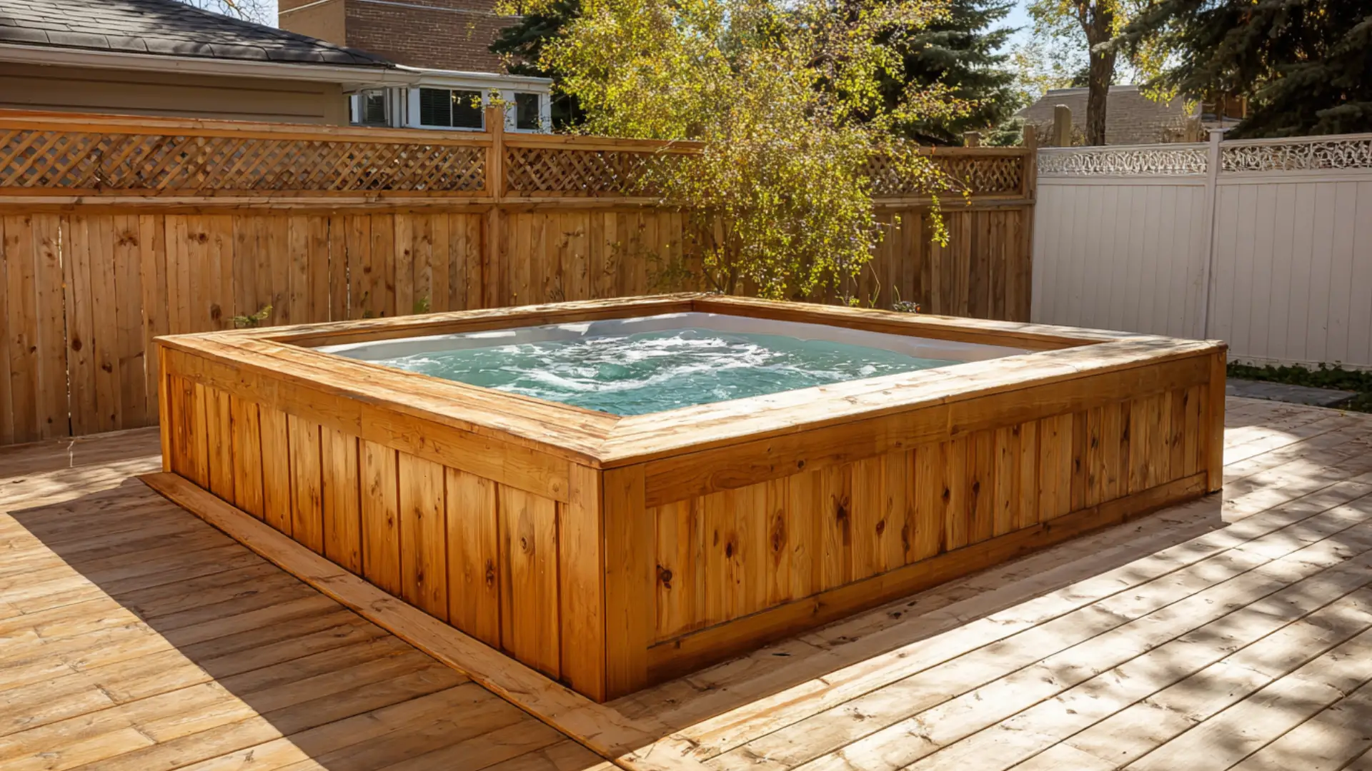 Cedar hot tub deck with warm wood tones in a simple backyard setting in soft sun