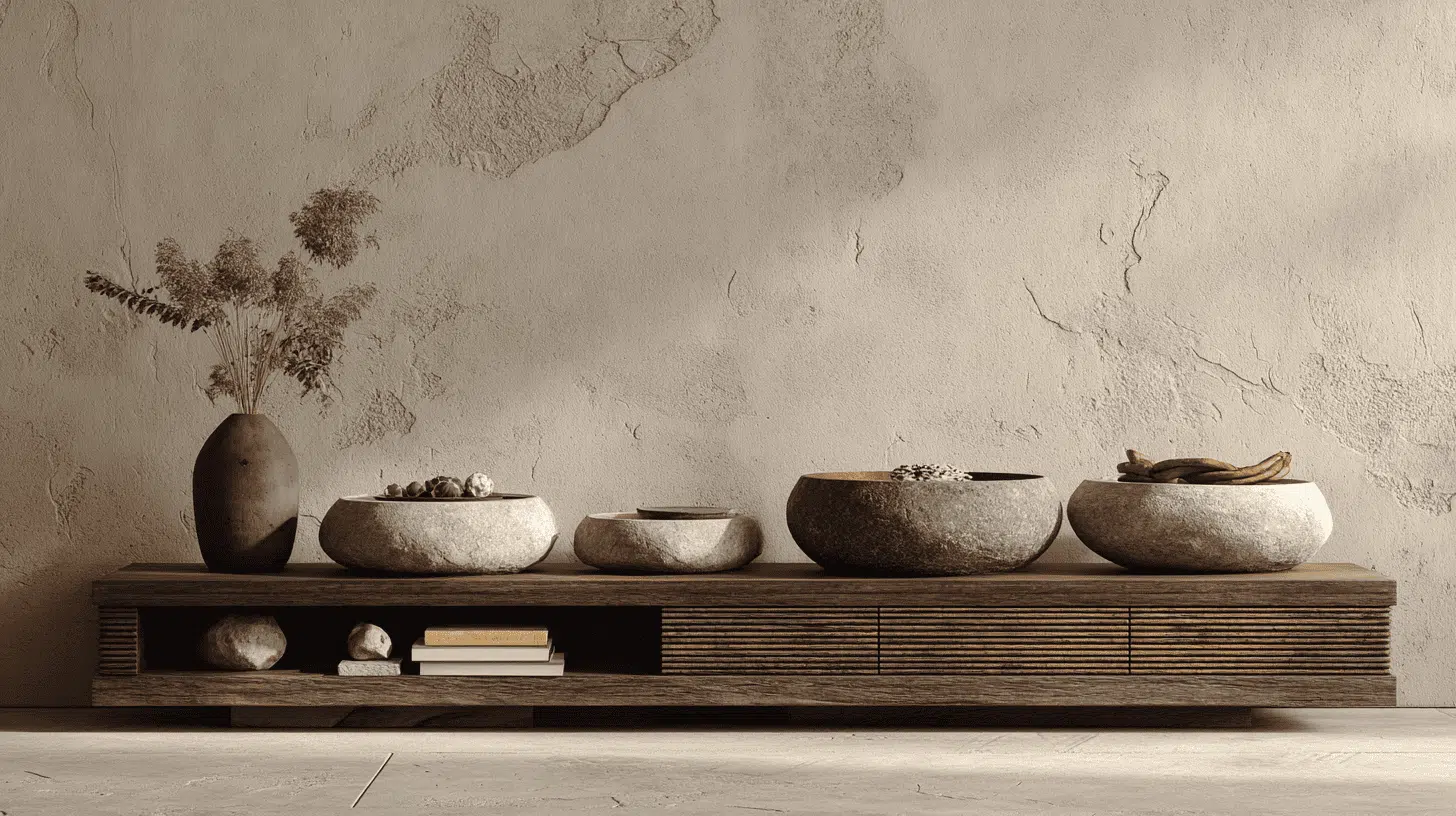 Ceramic-And-Stone-Bowls-On-Tv-Stand